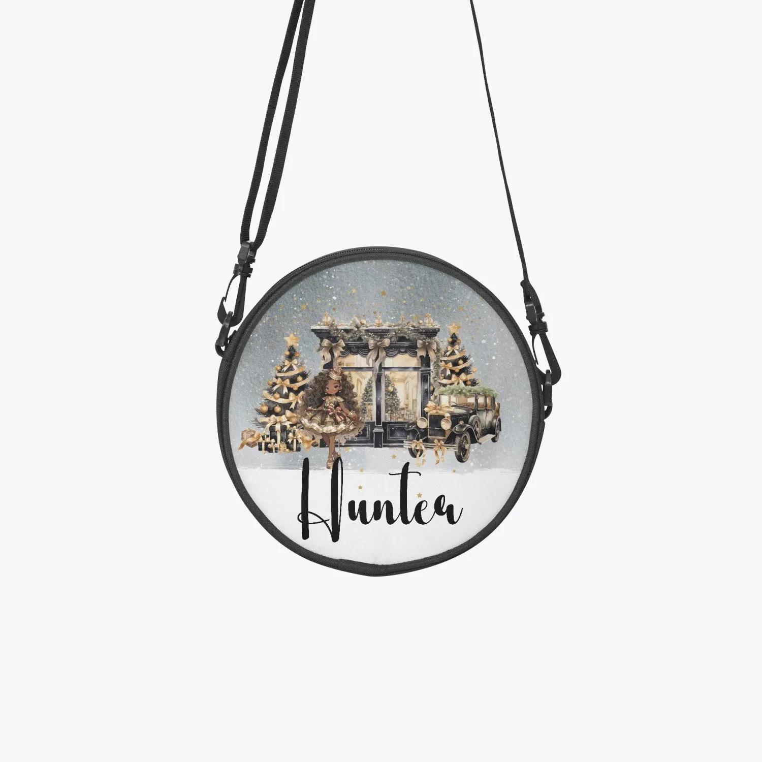 Round Satchel Bag, Christmas, Black and Gold Nutcracker, Personalised