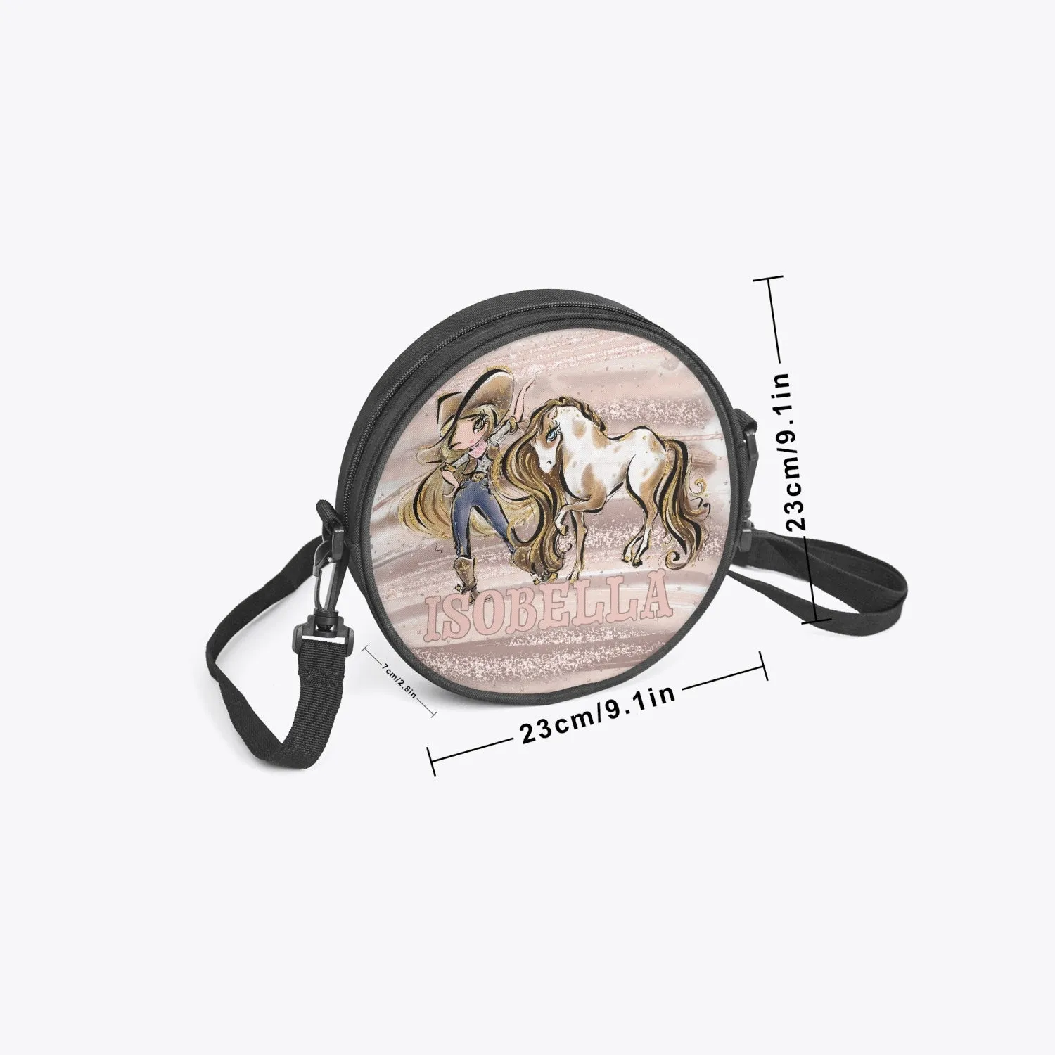 Round Satchel Bag, Howdy, Cowgirl and Horse, Blonde Hair Brown Eyes, Personalised