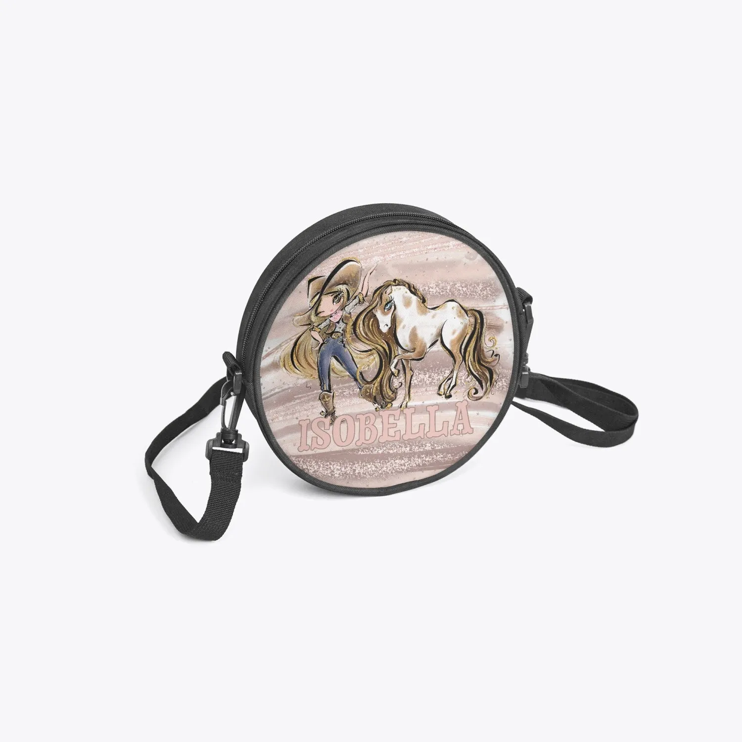 Round Satchel Bag, Howdy, Cowgirl and Horse, Blonde Hair Brown Eyes, Personalised