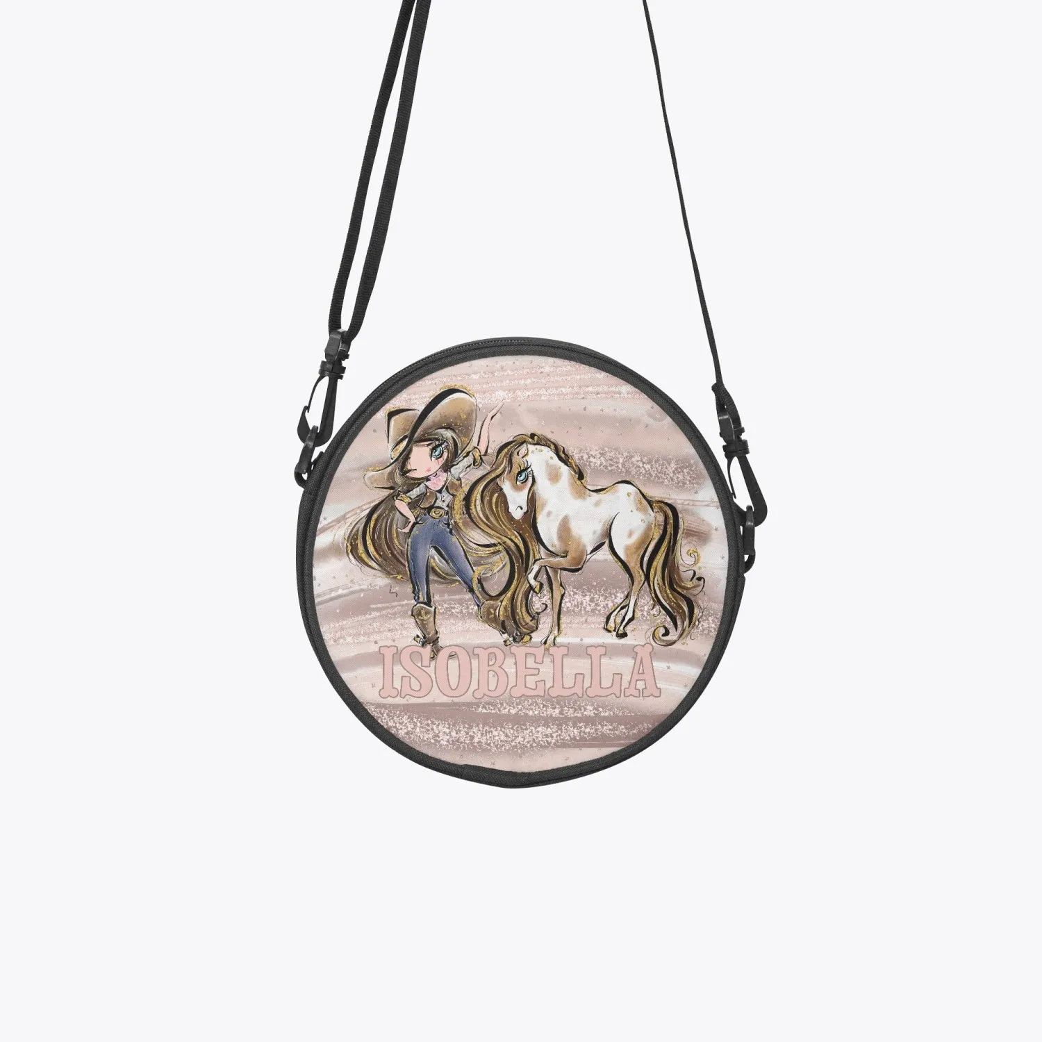 Round Satchel Bag, Howdy, Cowgirl and Horse, Brunette Hair Blue Eyes, Personalised