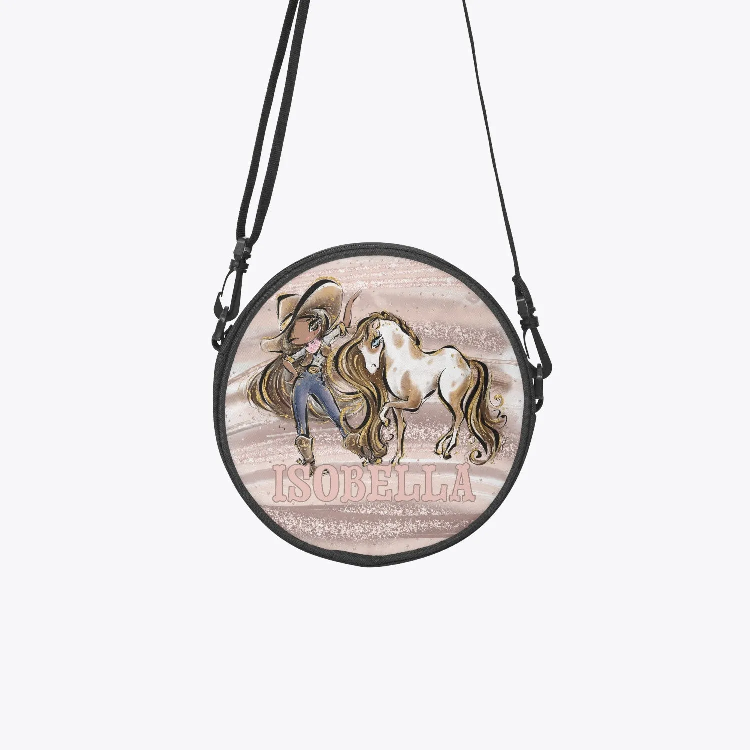 Round Satchel Bag, Howdy, Cowgirl and Horse, Brunette Hair, Olive Skin, Brown Eyes, Personalised