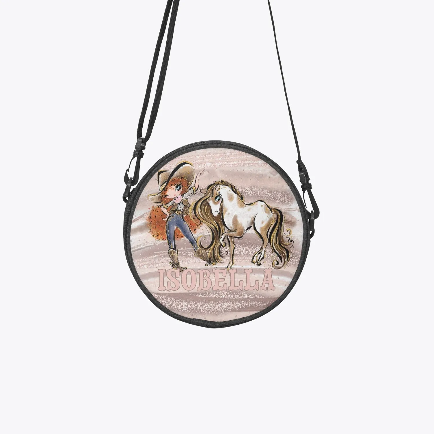 Round Satchel Bag, Howdy, Cowgirl and Horse, Red Curly Hair, Blue Eyes, Personalised