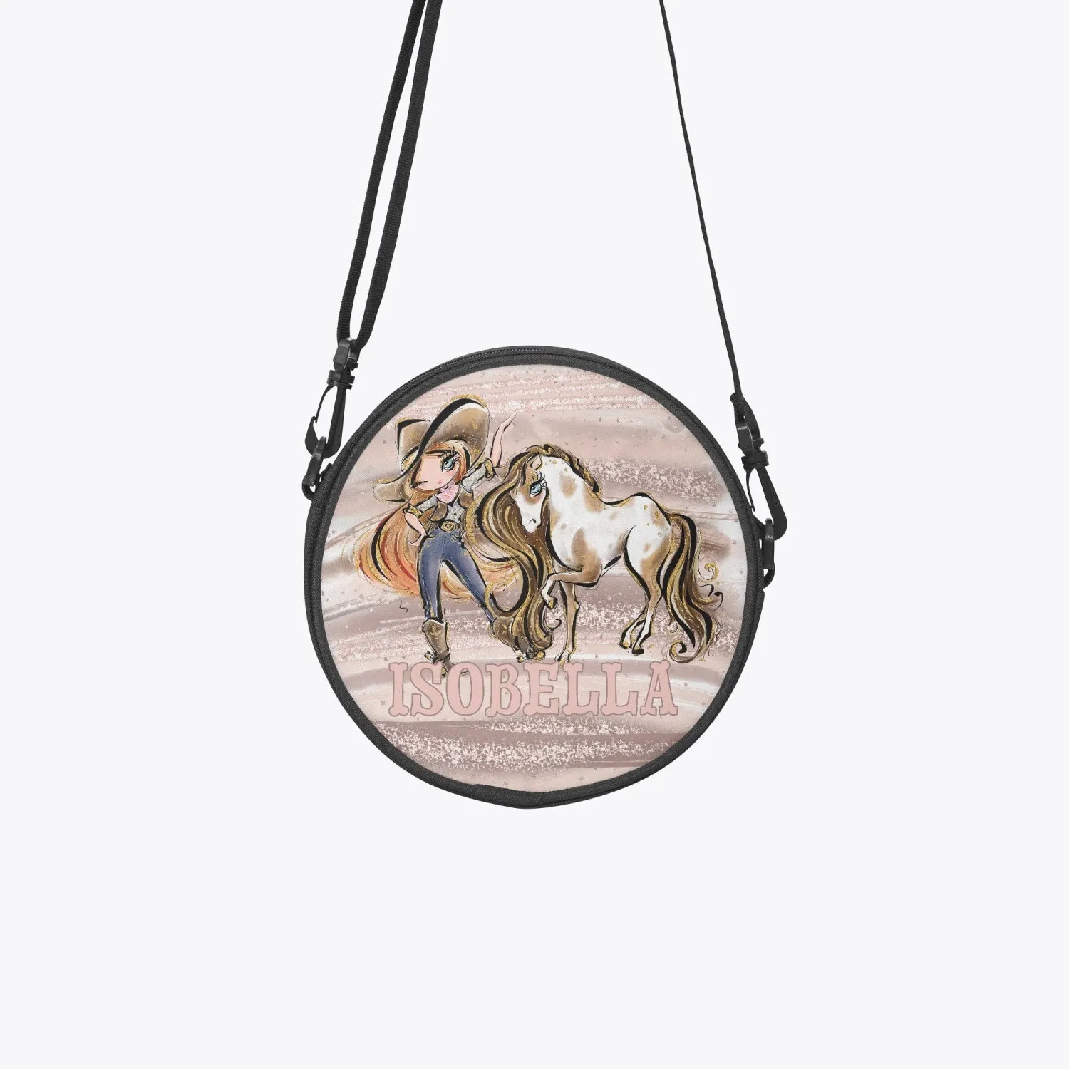 Round Satchel Bag, Howdy, Cowgirl and Horse, Red Hair Blue Eyes, Personalised