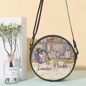 Round Satchel Bag, Just a Girl who Loves Books, Brunette Hair Olive Skin, Personalised