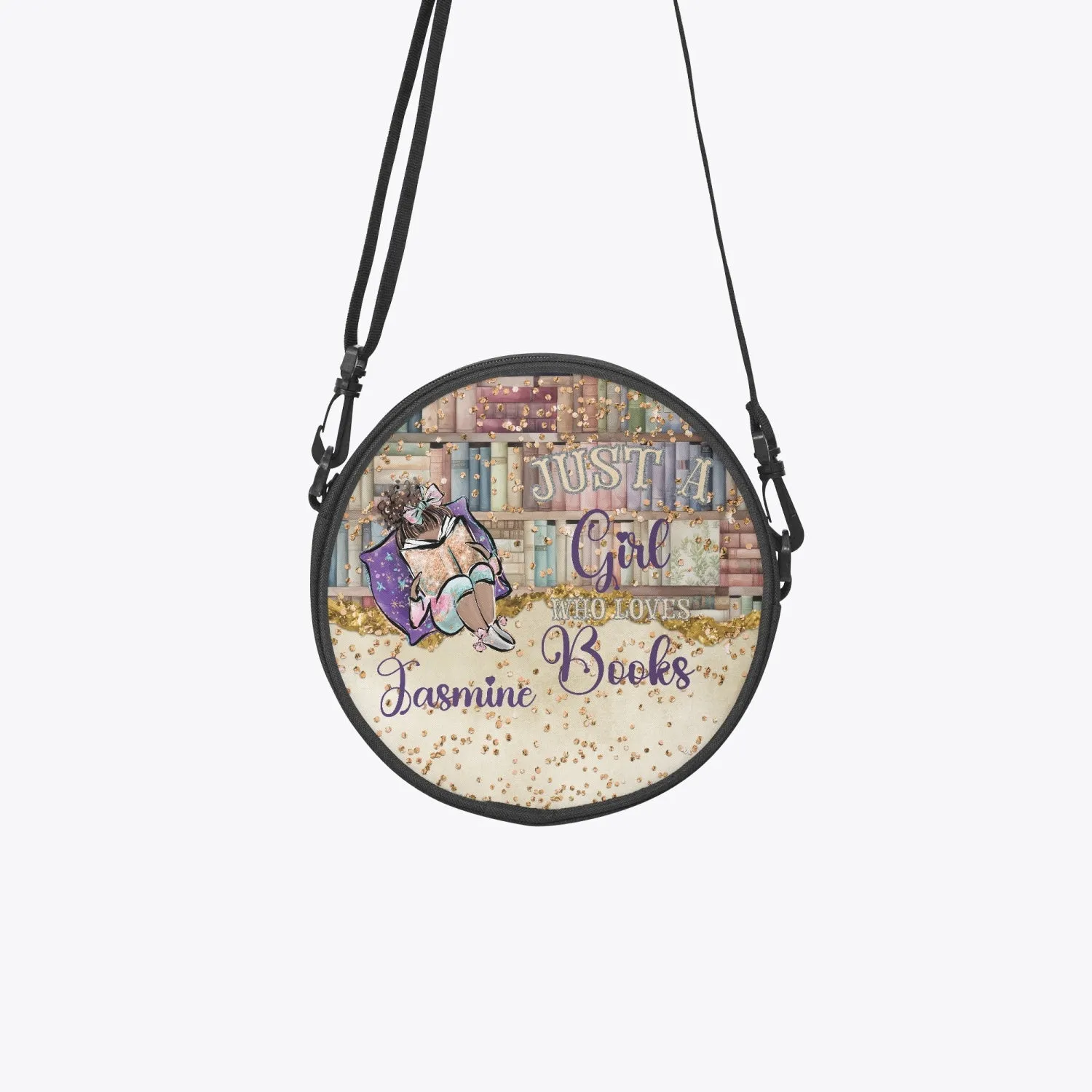 Round Satchel Bag, Just a Girl who Loves Books, Brunette Hair Olive Skin, Personalised