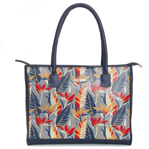 SACCI MUCCI Women's Tote Bag | Tote Bags For Women with Padded Laptop Compartment | Big Shoulder Bag for Office- Exotic Jungle (Navy Blue)