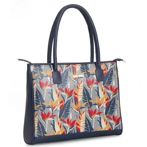 SACCI MUCCI Women's Tote Bag | Tote Bags For Women with Padded Laptop Compartment | Big Shoulder Bag for Office- Exotic Jungle (Navy Blue)