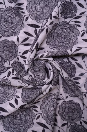 Silverish Black Outline Modern Floral Pattern Printed Georgette Fabric