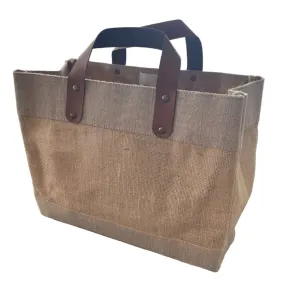 Small Burlap Tote Bags  (12.5" x 5.5" x 9.5") - Leather Handles & Inner Pocket - 100% Natural Jute