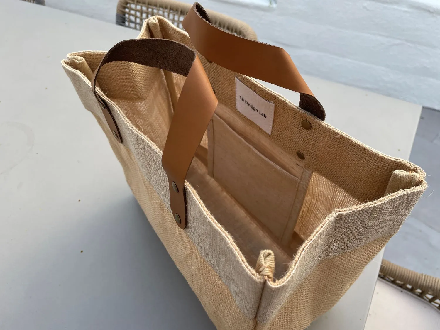 Small Burlap Tote Bags  (12.5" x 5.5" x 9.5") - Leather Handles & Inner Pocket - 100% Natural Jute