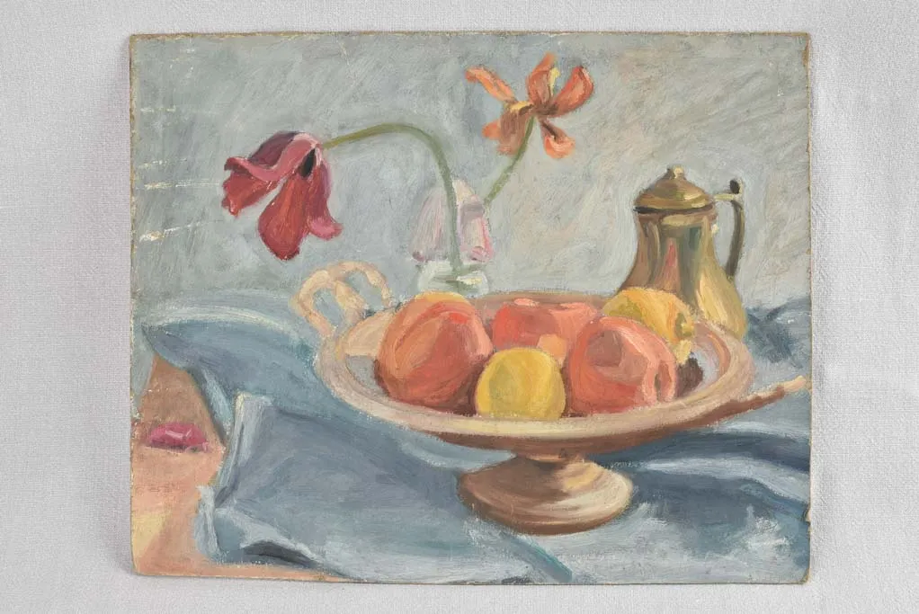 Small still life painting with fruit & ceramic pot 15¼" x 19"