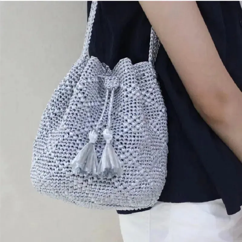 Sohiwoo Women's shoulder bag, handmade hook woven handbag, simple and fashionable hollowed out knitted bag, shopping bag