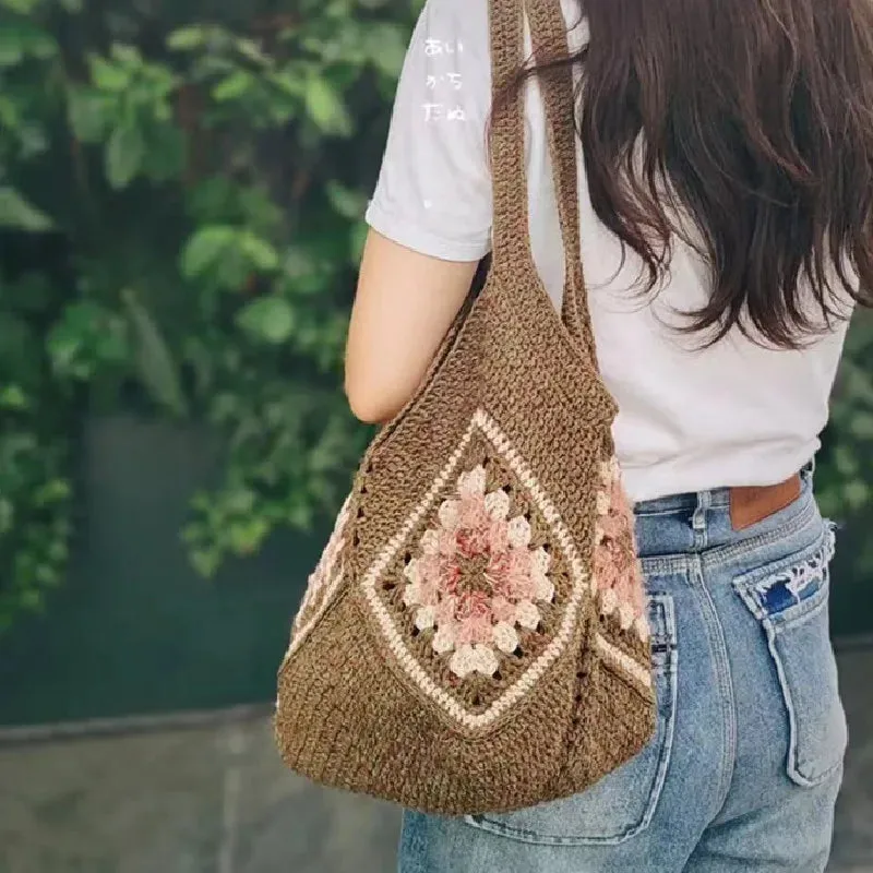 Sohiwoo Women's shoulder bag, handmade hook woven handbag, simple and fashionable hollowed out knitted bag, shopping bag