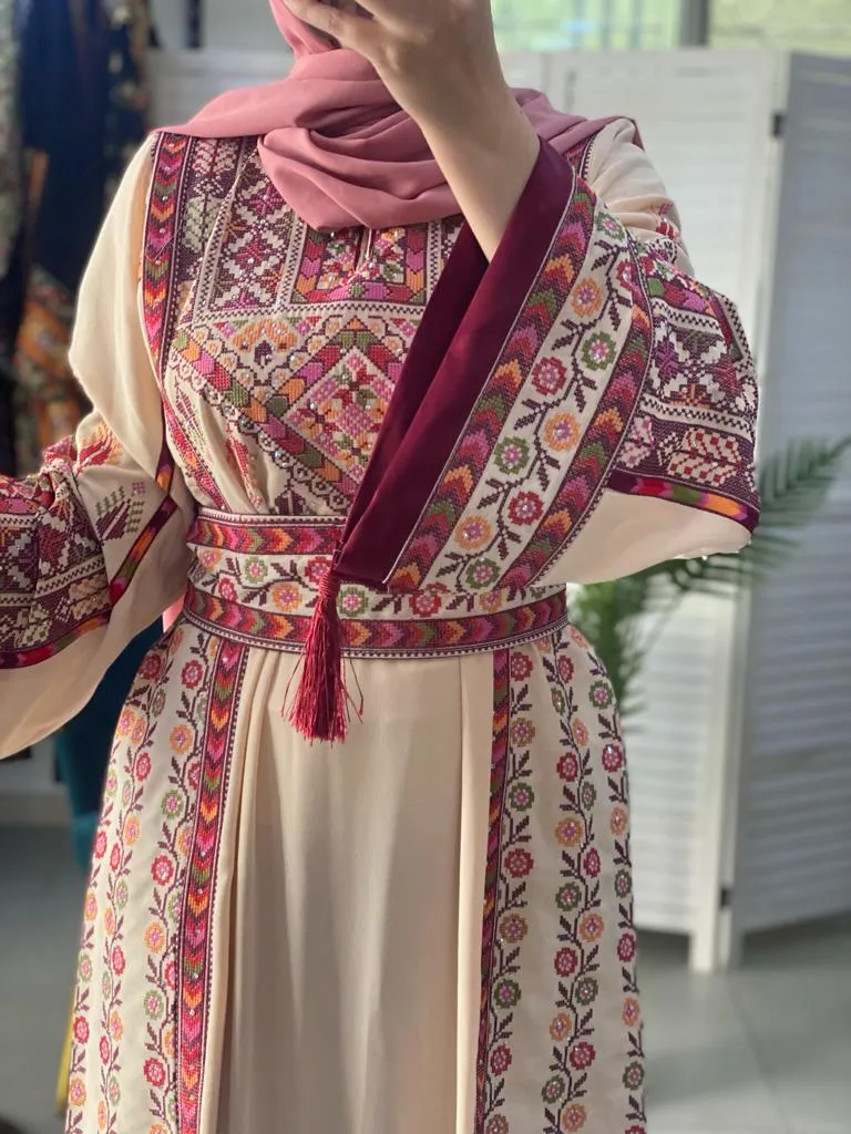 Sparkling Palestinian Embroidered Beige And Burgundy Thobe Dress with Satin Details