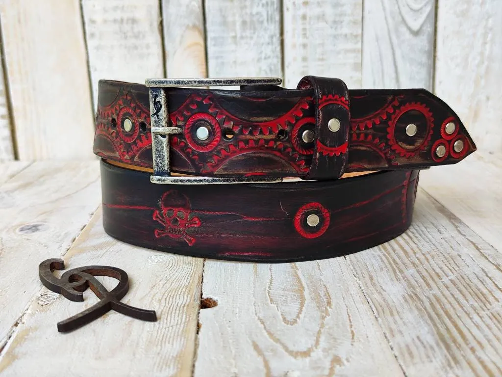 Steampunk Leather Belt with Gears in Black and Red for Bikers Fashion