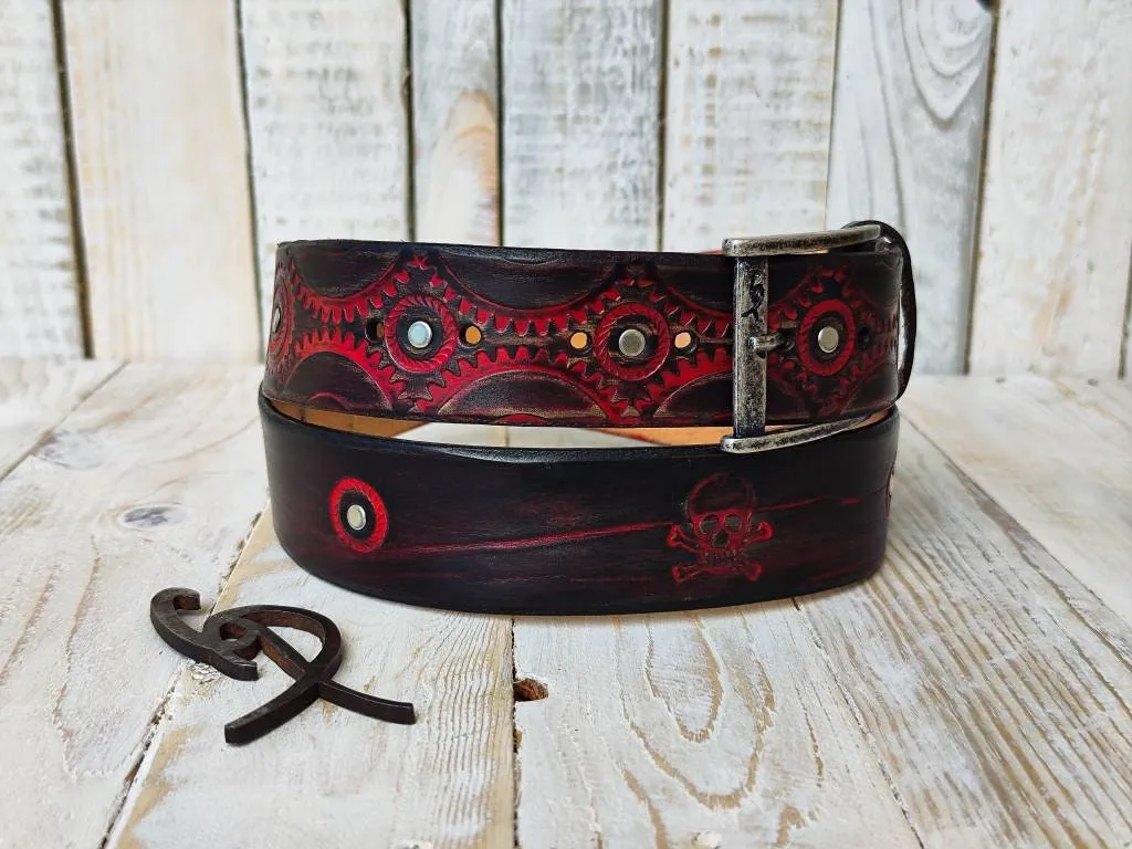 Steampunk Leather Belt with Gears in Black and Red for Bikers Fashion