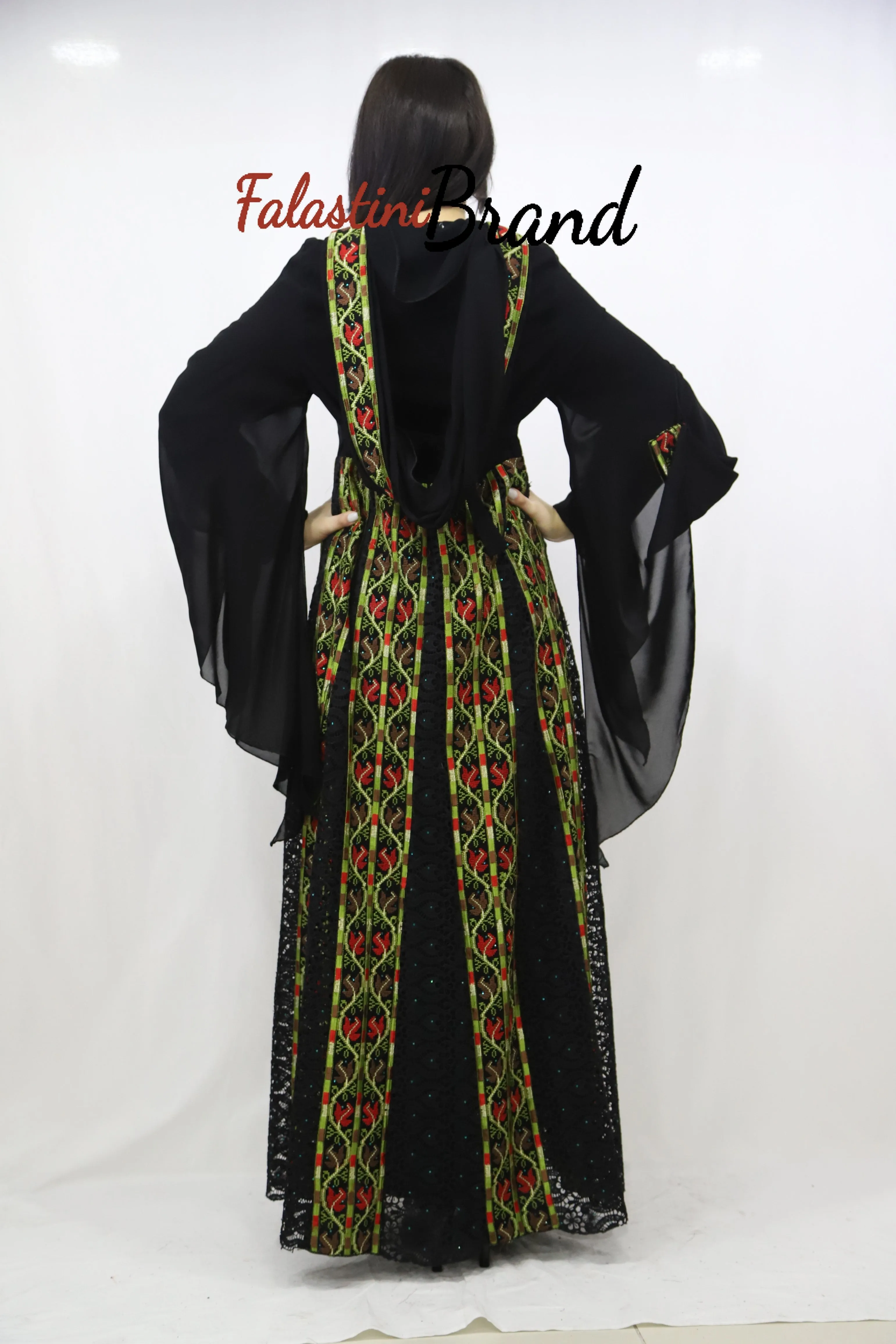 Stylish Layered Dark Green and Red Embroidered Tobe Dress With Lace Details