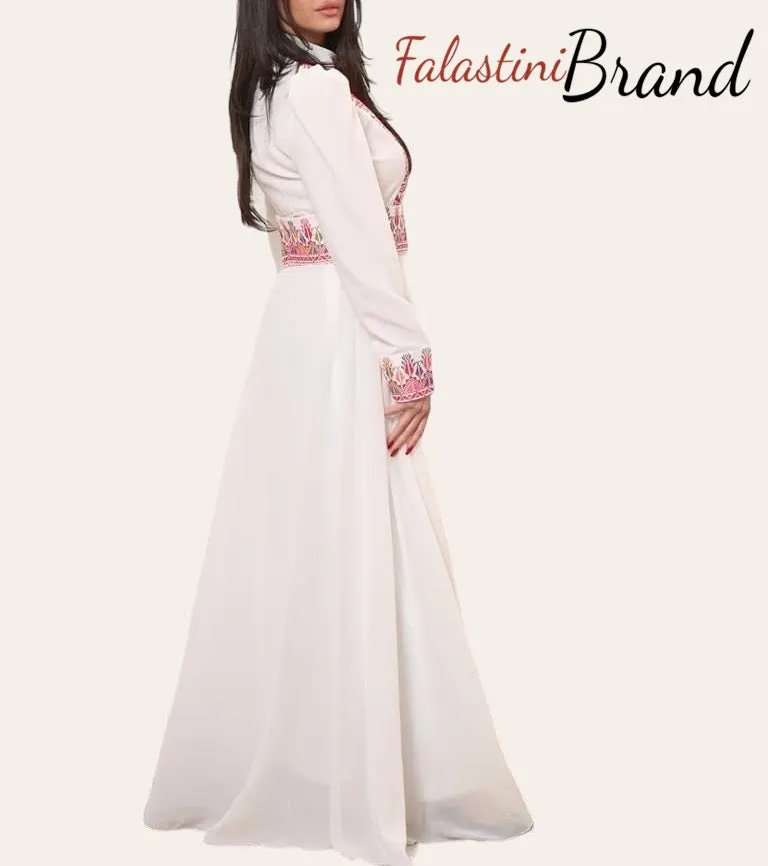 Stylish White Jumpsuit Dress Floral Palestinian Embroidery