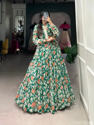 Sublime Triple-Layer Floral Georgette Green Printed Gown Dress