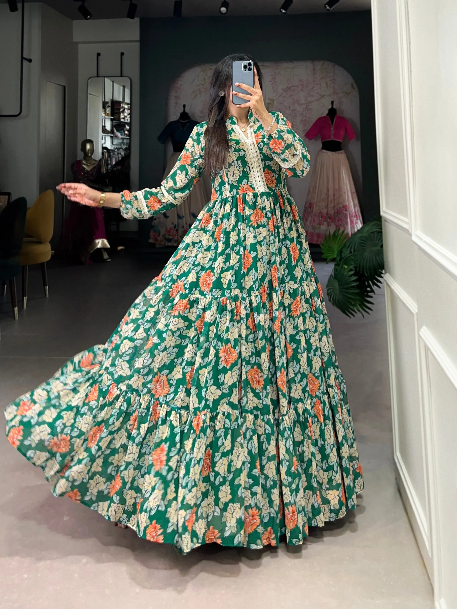 Sublime Triple-Layer Floral Georgette Green Printed Gown Dress