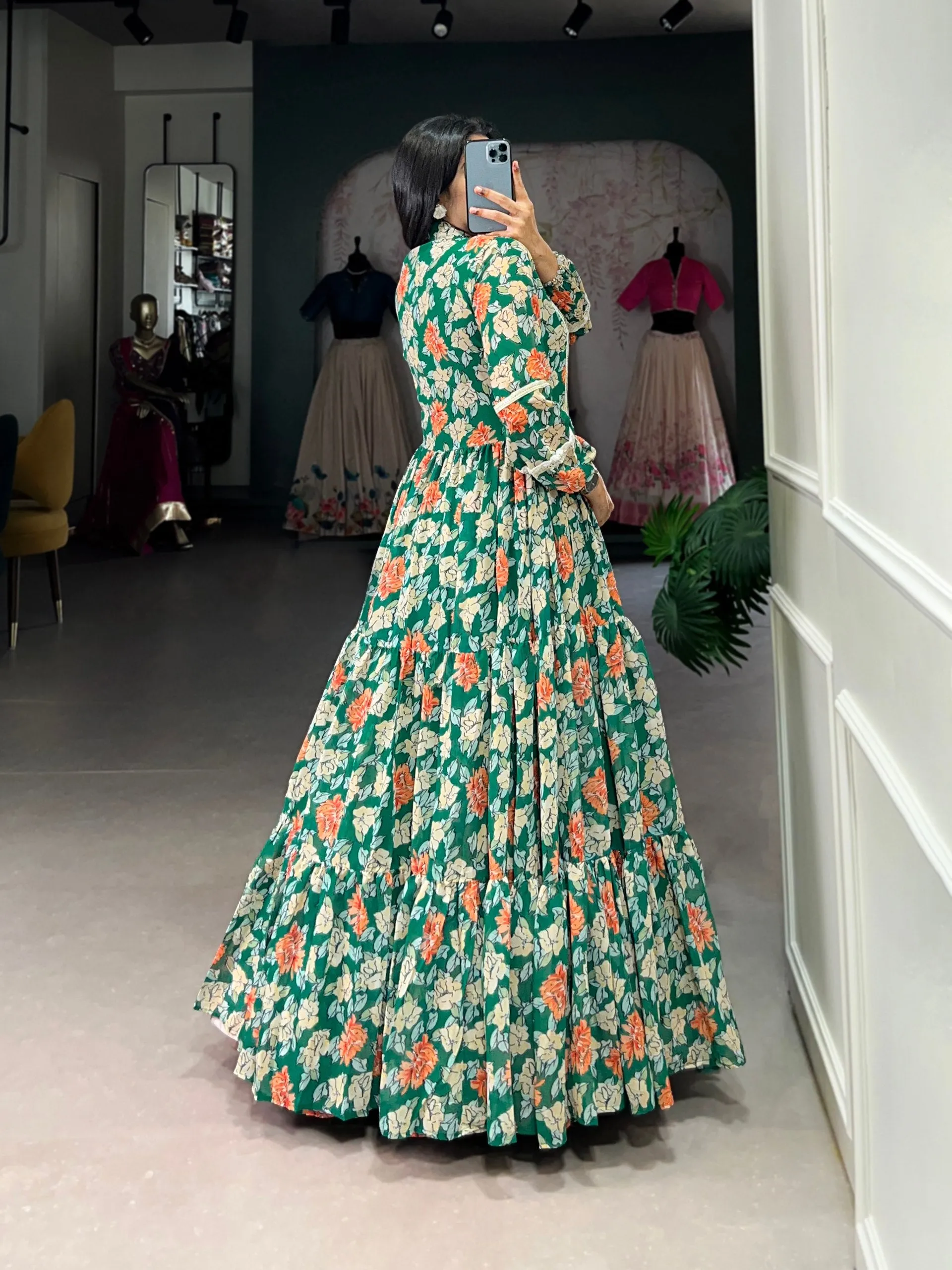 Sublime Triple-Layer Floral Georgette Green Printed Gown Dress