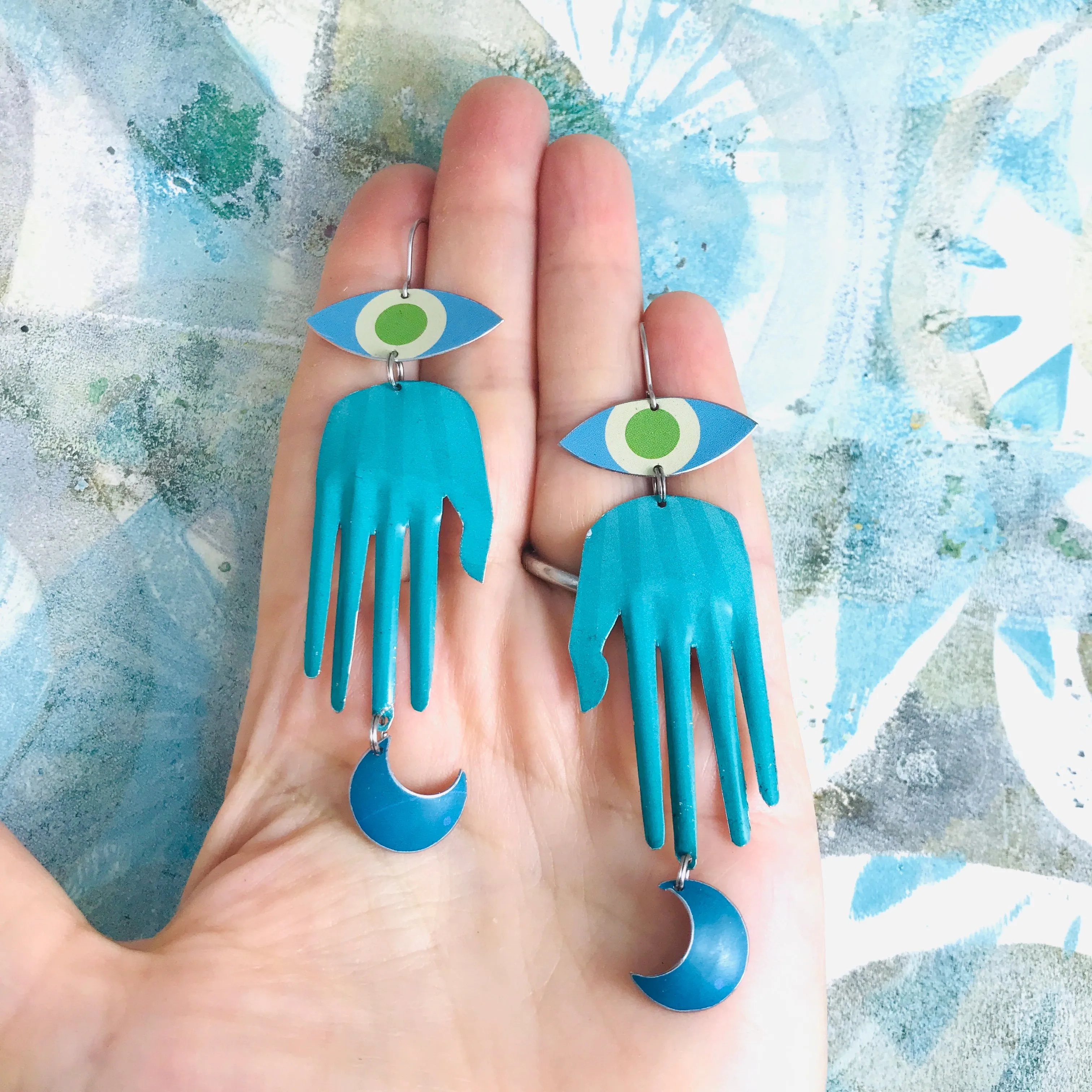 Teal Hand & Blue Moon Talisman Zero Waste Tin Earrings