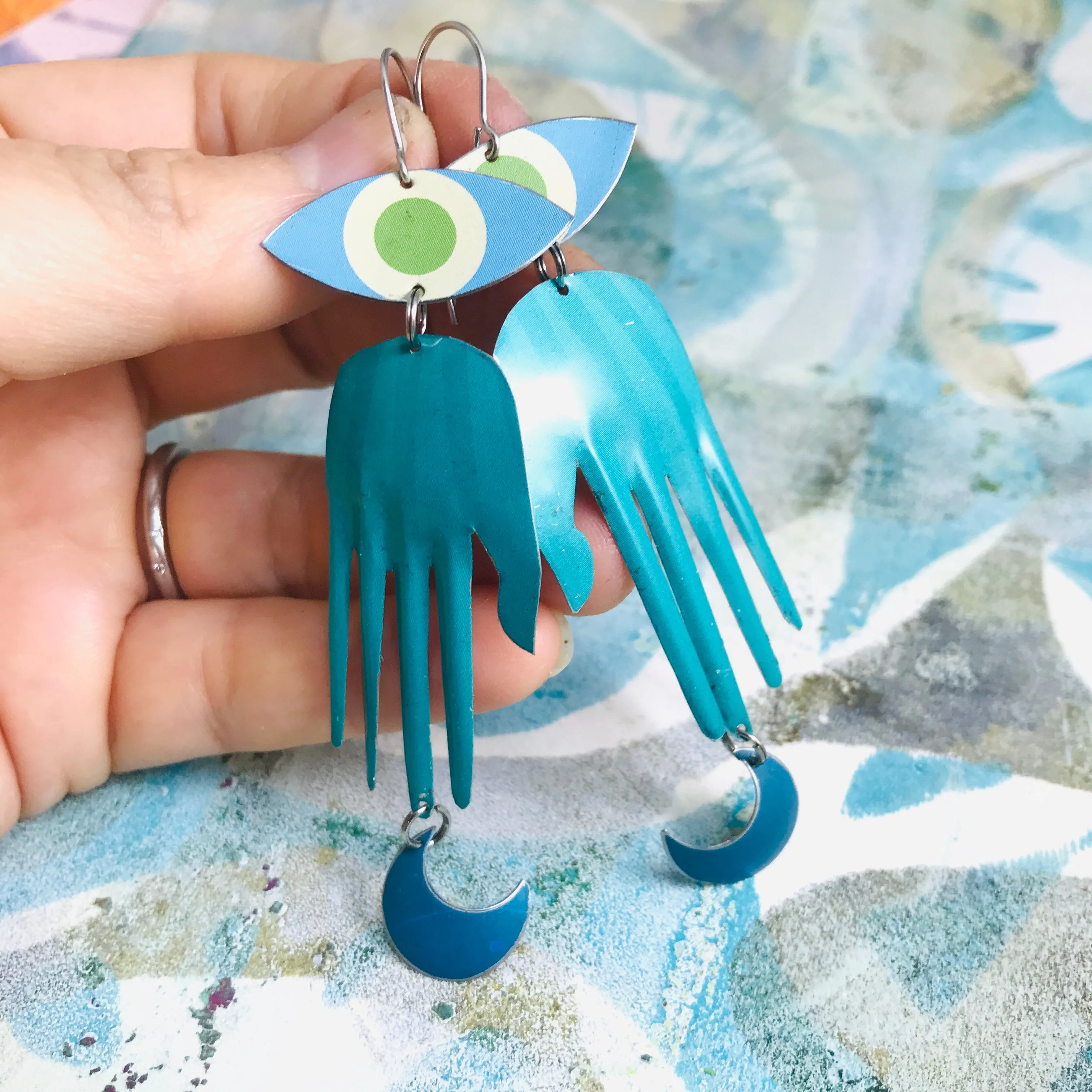 Teal Hand & Blue Moon Talisman Zero Waste Tin Earrings