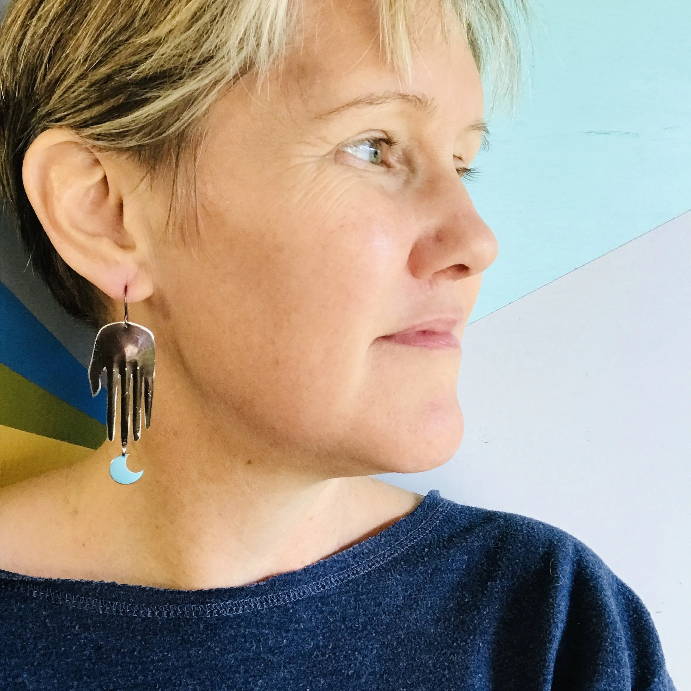 Teal Hand & Blue Moon Talisman Zero Waste Tin Earrings