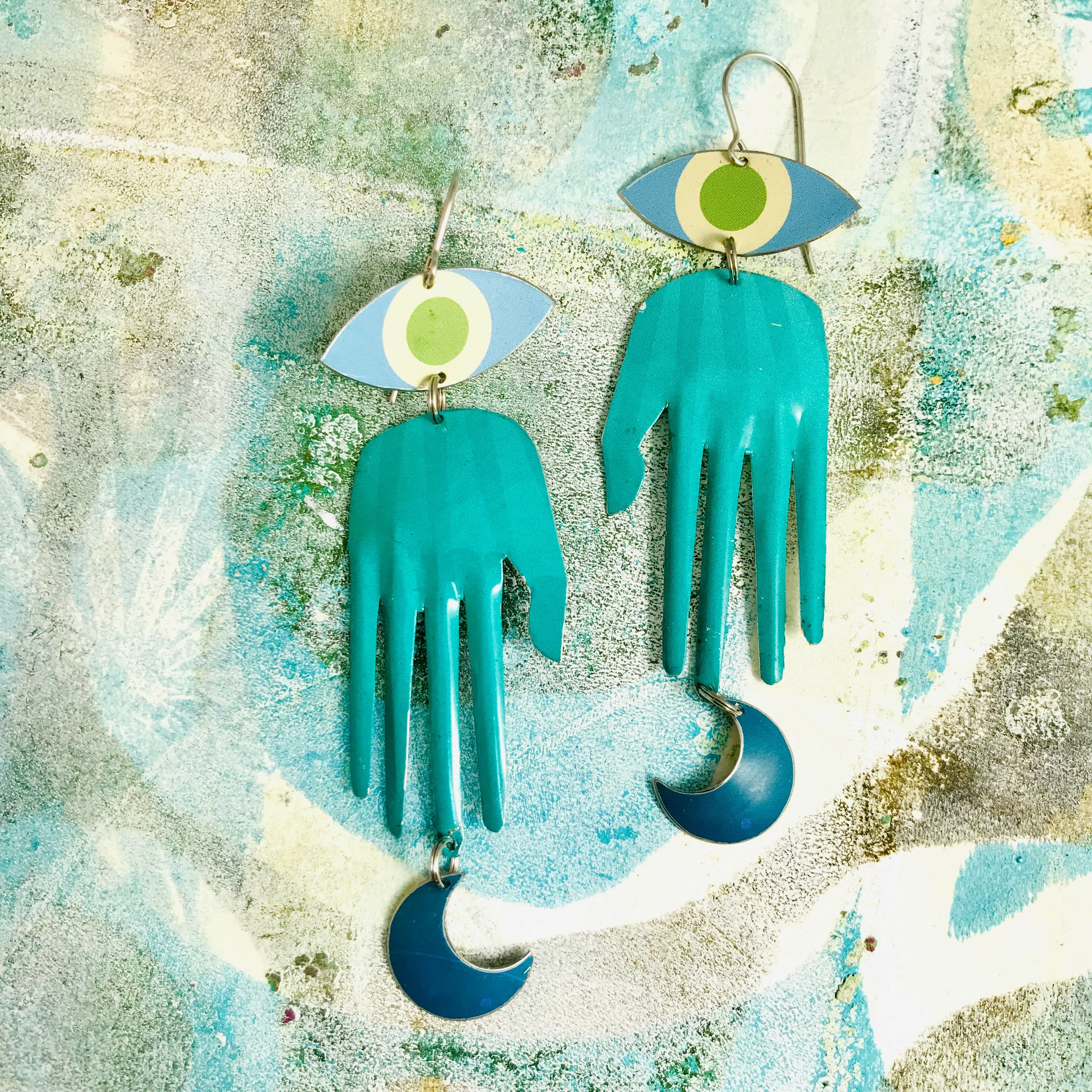 Teal Hand & Blue Moon Talisman Zero Waste Tin Earrings