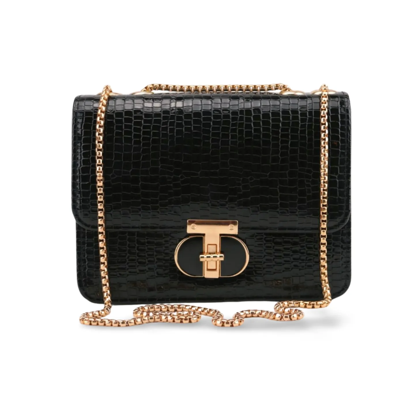 Textured Faux Leather Crossbody Shoulder Bag with Gold Chain