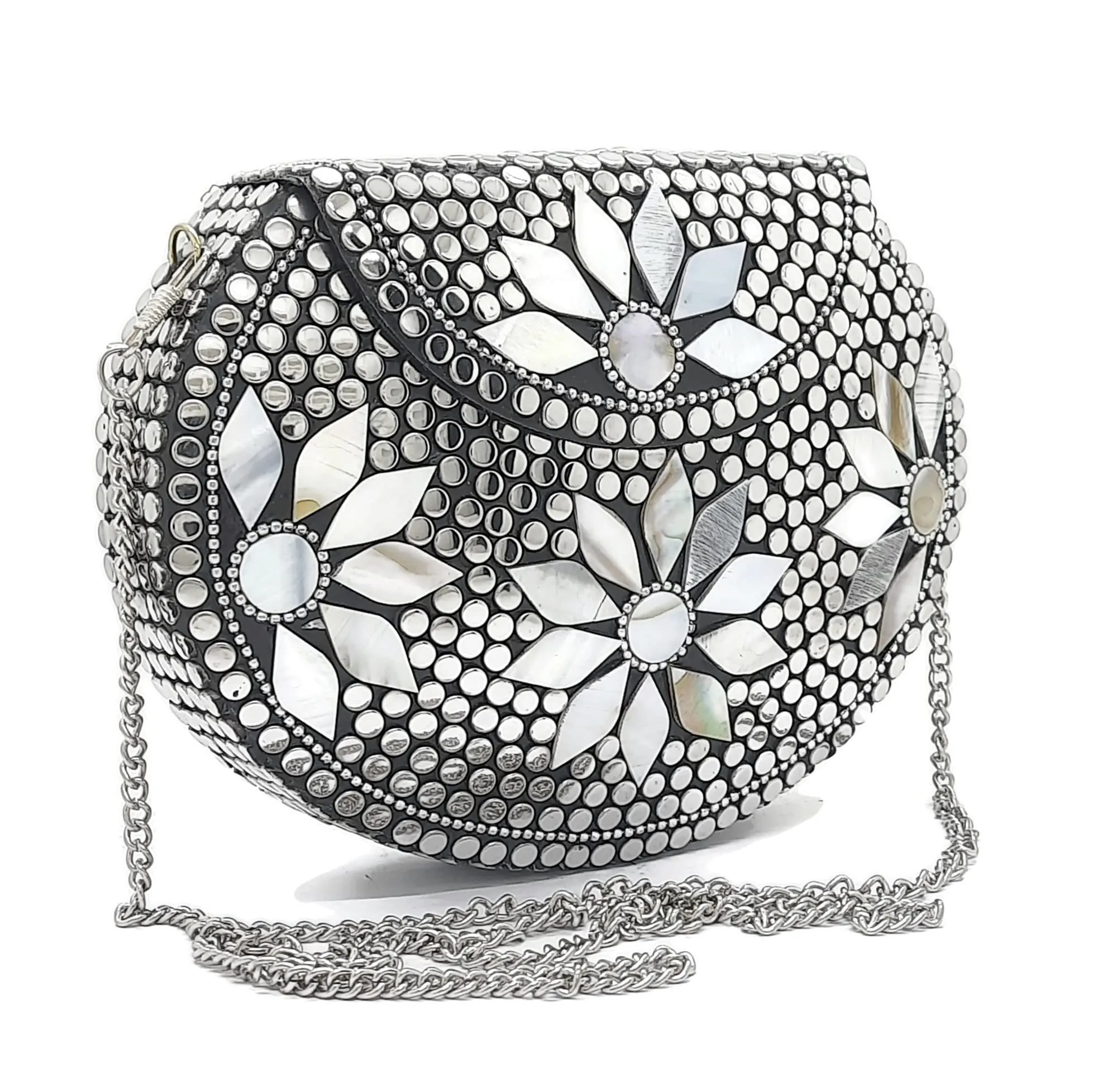 Trend Overseas Silver metal Beaded Ethnic purse Girls Bridal Bag cross body bag for women/Girl party clutch Metal clutches Vintage Brass (MOP Flower)