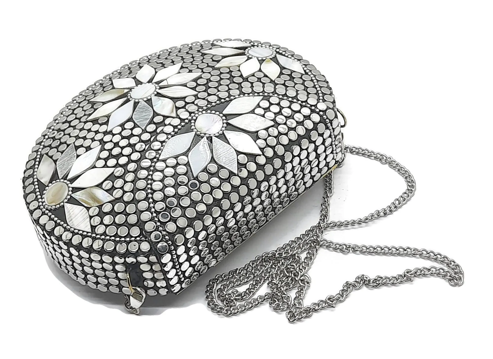 Trend Overseas Silver metal Beaded Ethnic purse Girls Bridal Bag cross body bag for women/Girl party clutch Metal clutches Vintage Brass (MOP Flower)