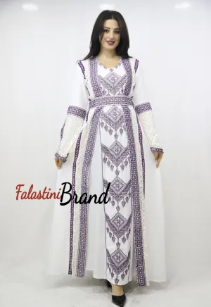 Two Pieces Amazing White And purple Palestinian Embroidered Dress