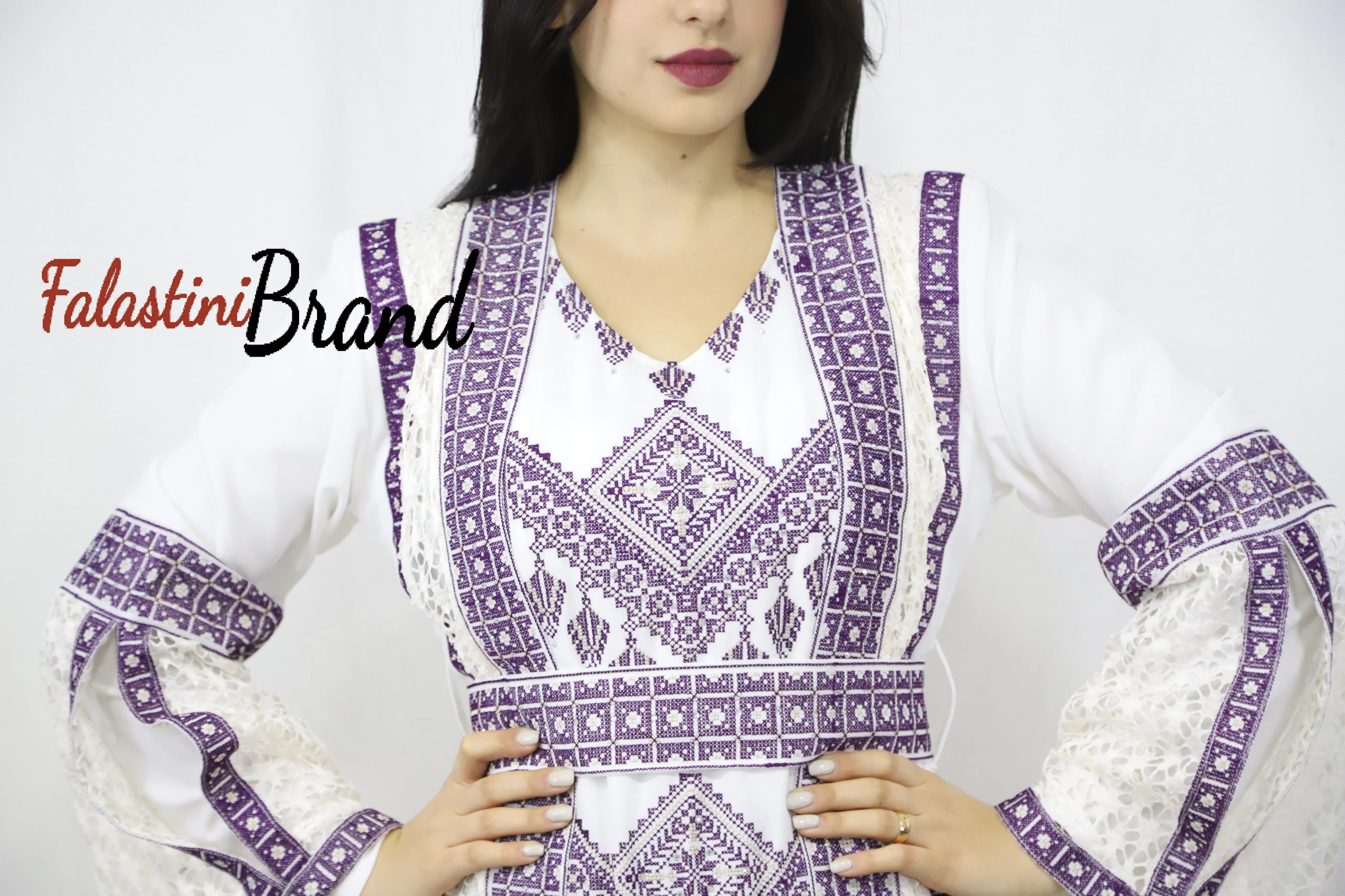 Two Pieces Amazing White And purple Palestinian Embroidered Dress