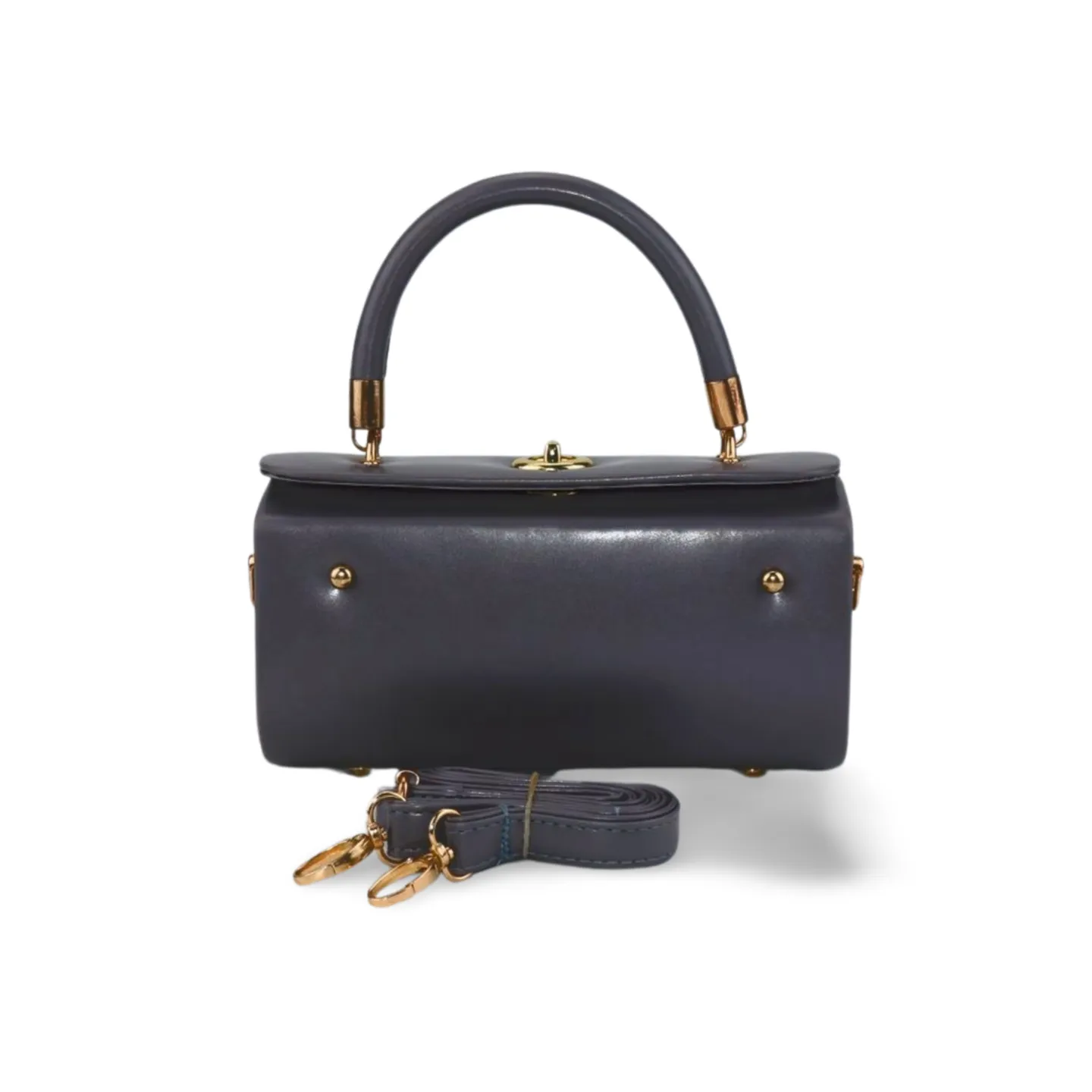 Unique Cylindrical top Handle Handbag with Gold Accents and Detachable Strap