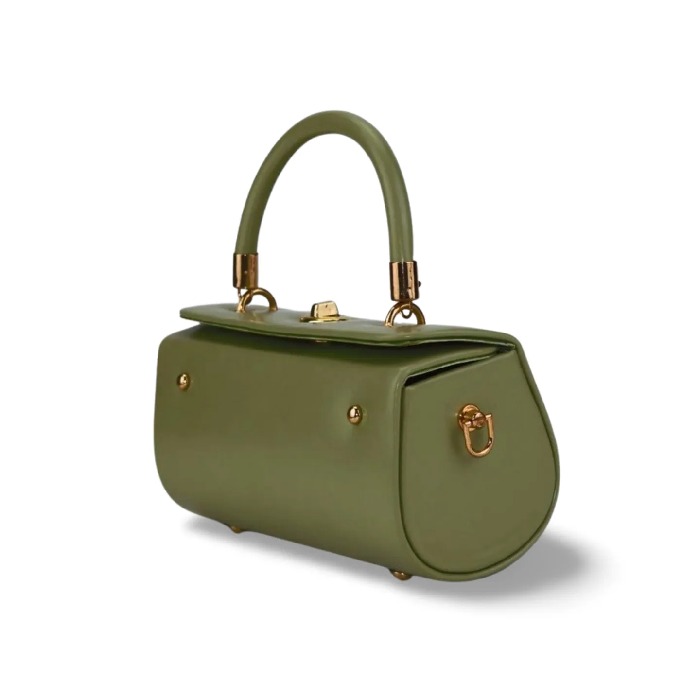 Unique Cylindrical top Handle Handbag with Gold Accents and Detachable Strap