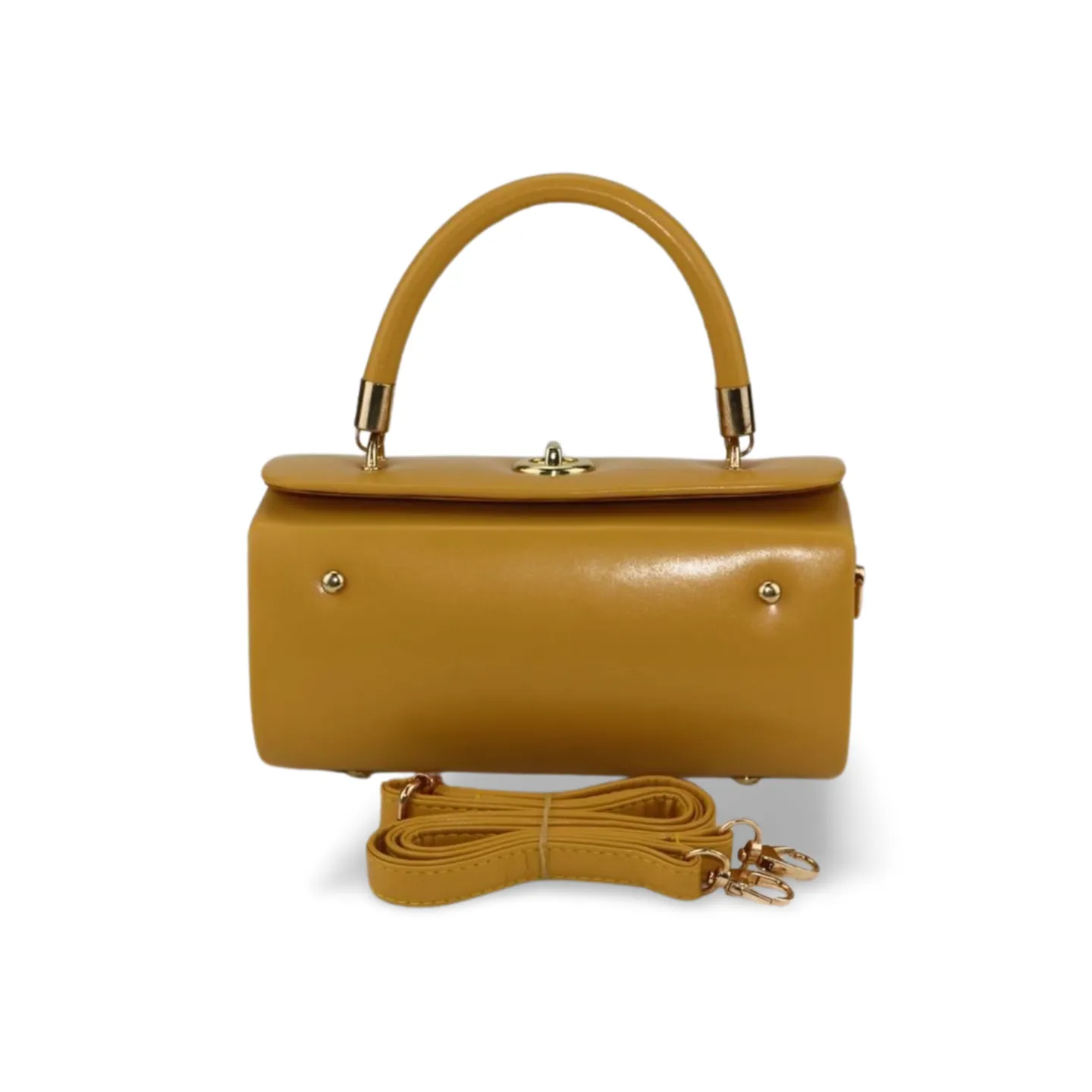 Unique Cylindrical top Handle Handbag with Gold Accents and Detachable Strap