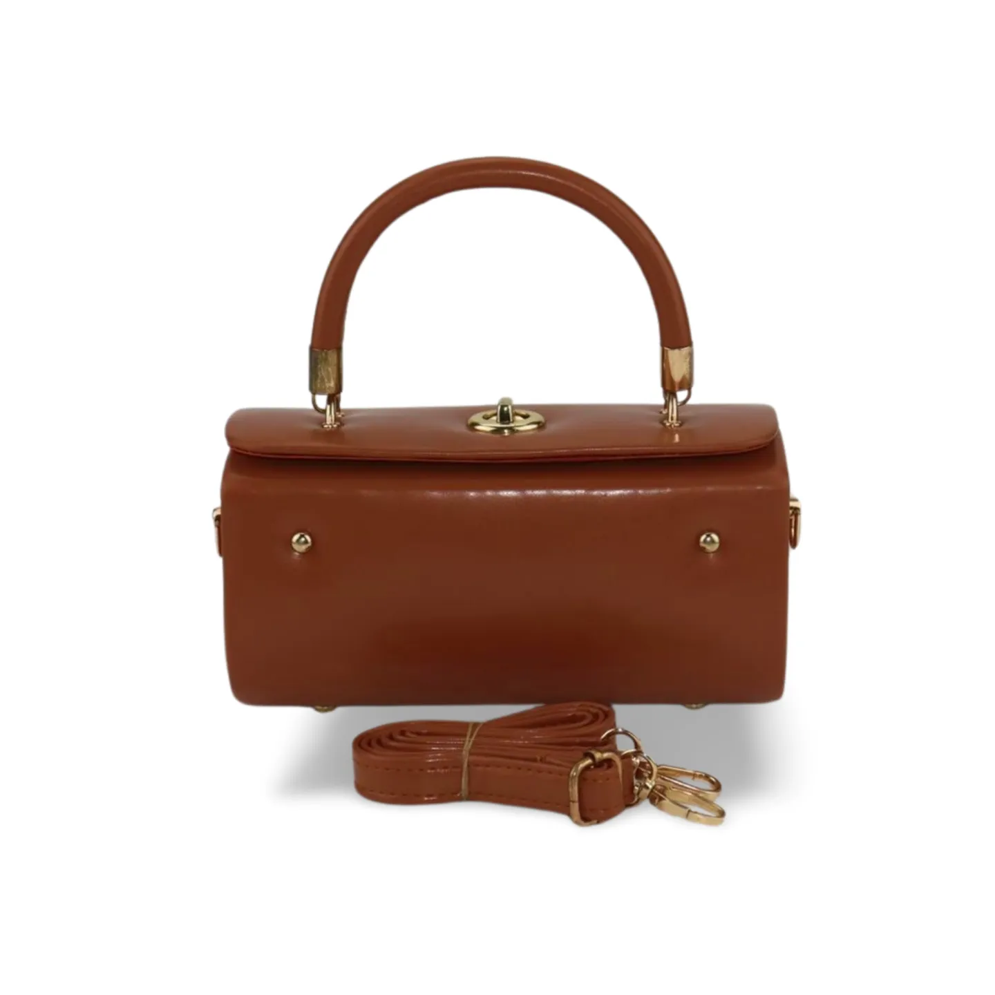 Unique Cylindrical top Handle Handbag with Gold Accents and Detachable Strap