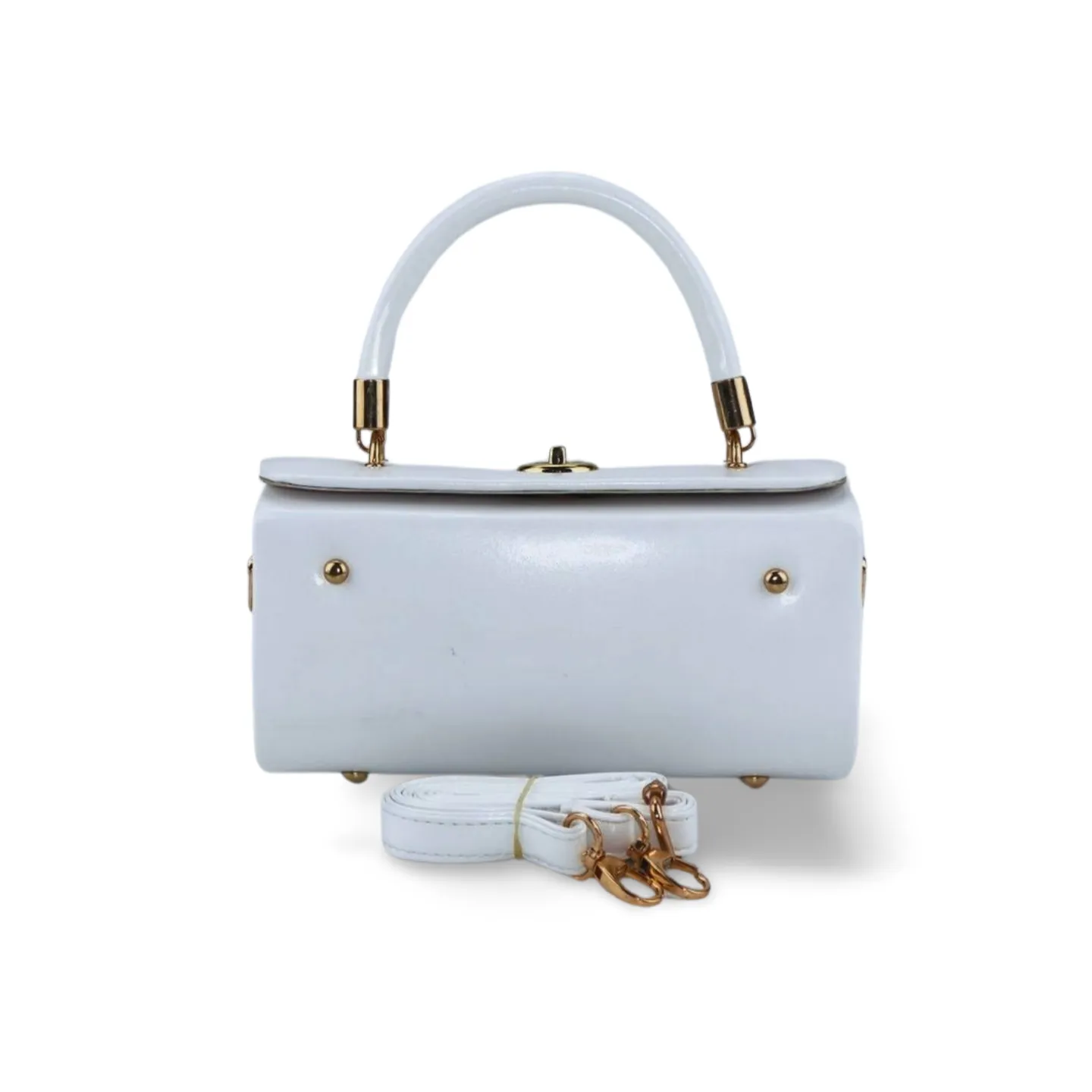 Unique Cylindrical top Handle Handbag with Gold Accents and Detachable Strap