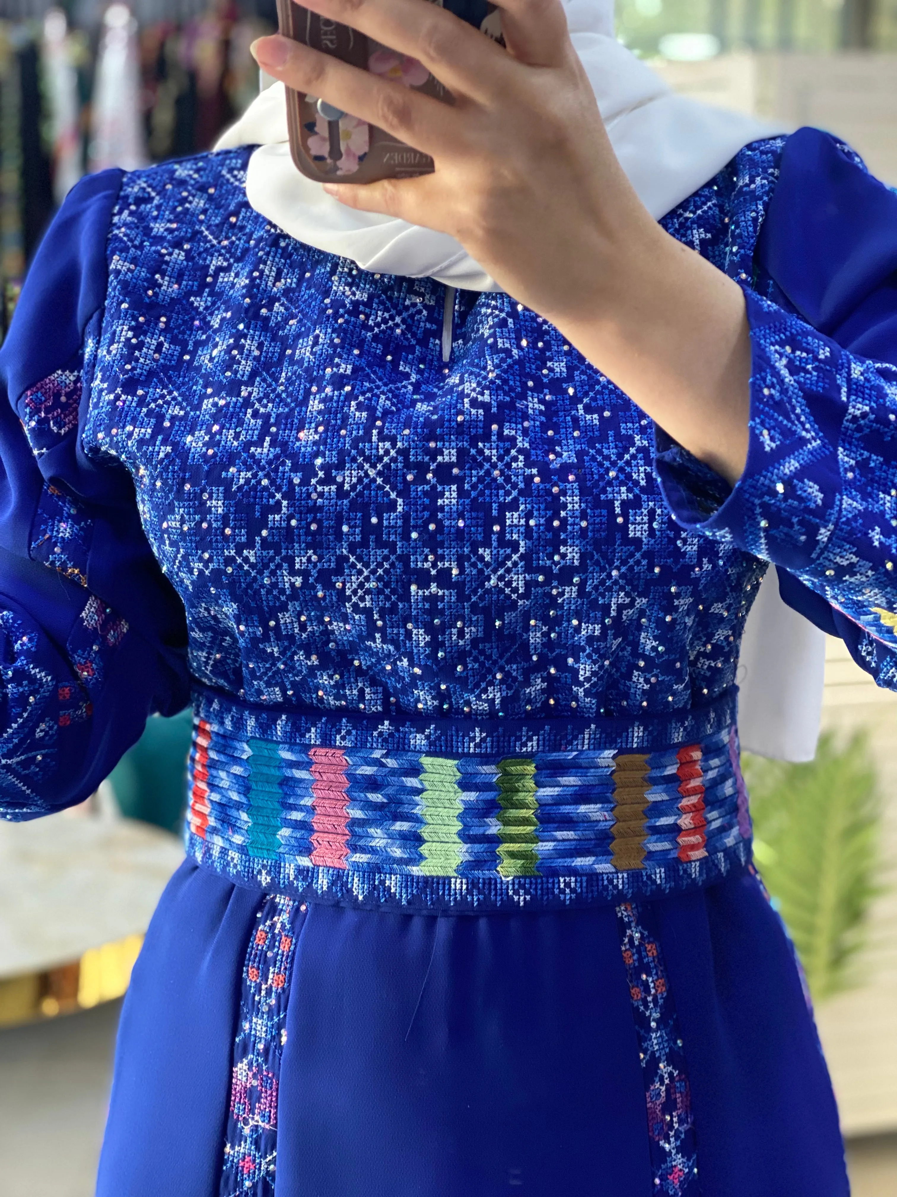 Unique Royal Blue Palestinian Embroidered Thob Dress with Perry Embroidery