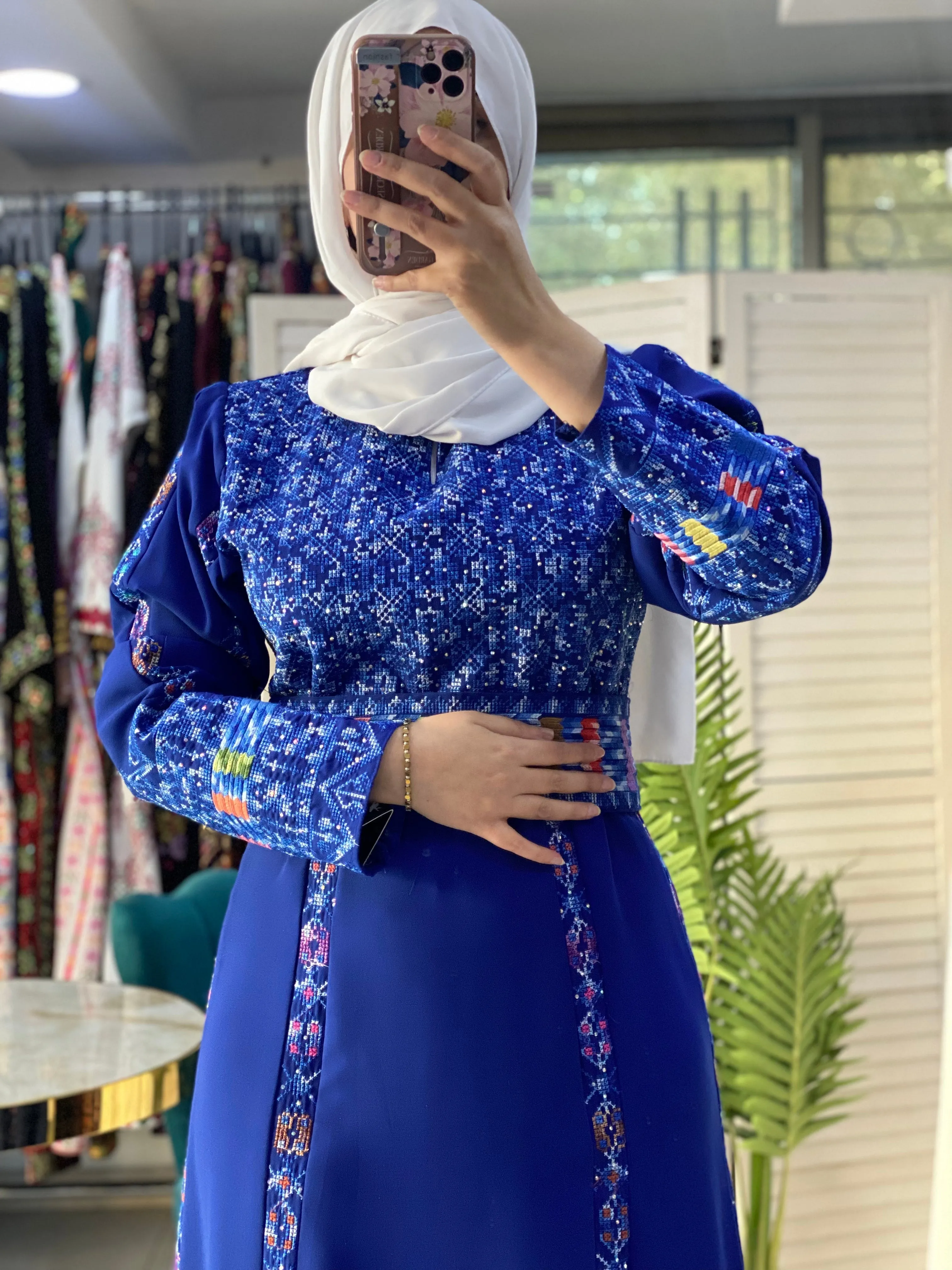 Unique Royal Blue Palestinian Embroidered Thob Dress with Perry Embroidery