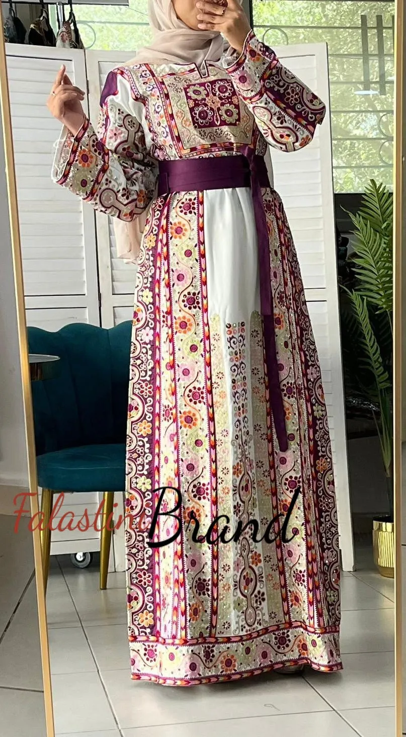 Very Luxurious White and Purple Malak Like Thob with Qasab Thread and Satin Details