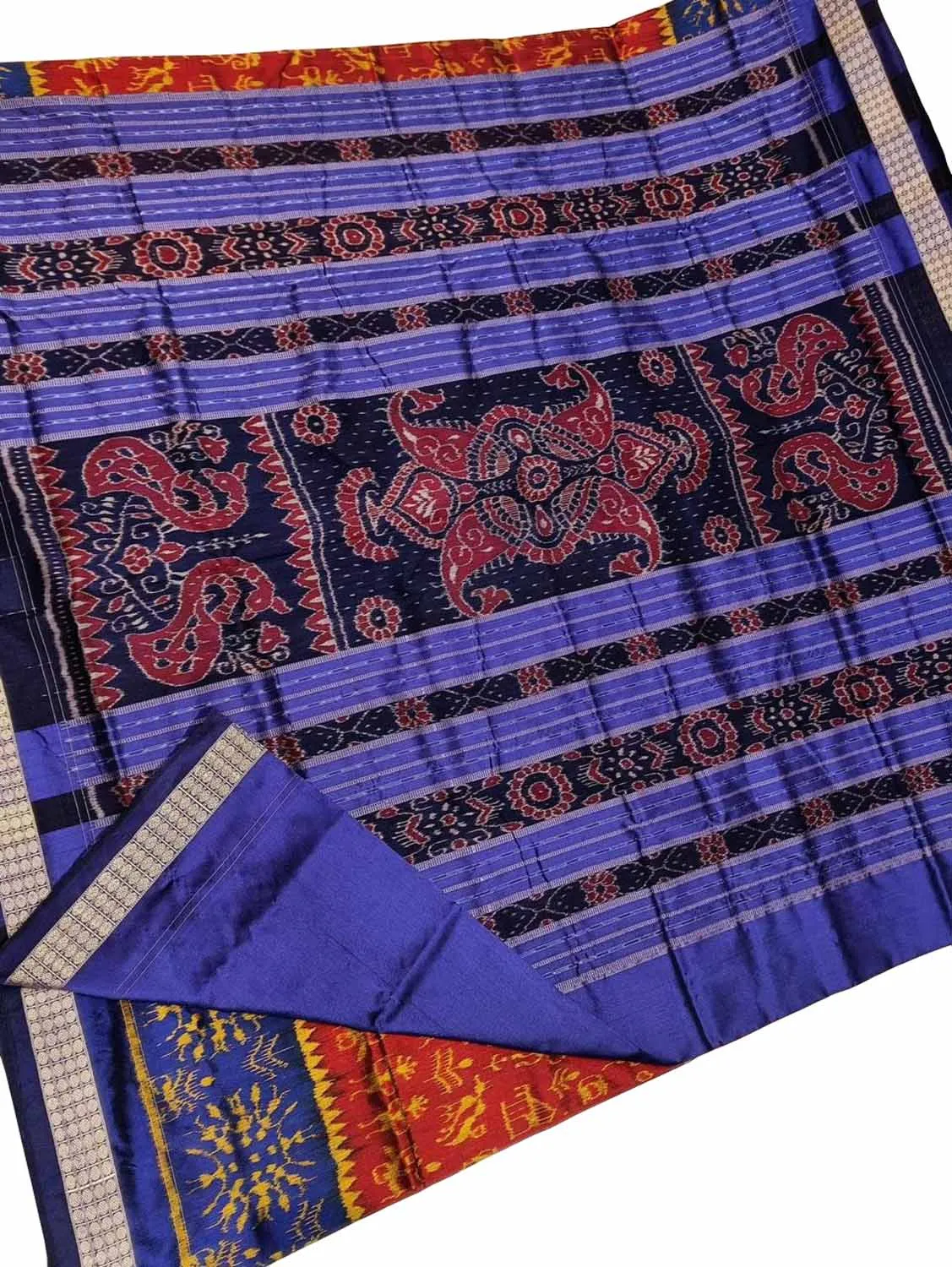 Vibrant Red & Blue Ikkat Silk Saree - Handloom Beauty