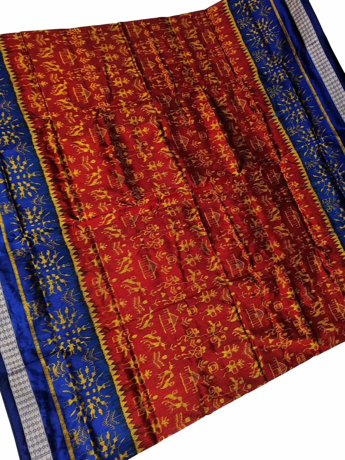 Vibrant Red & Blue Ikkat Silk Saree - Handloom Beauty