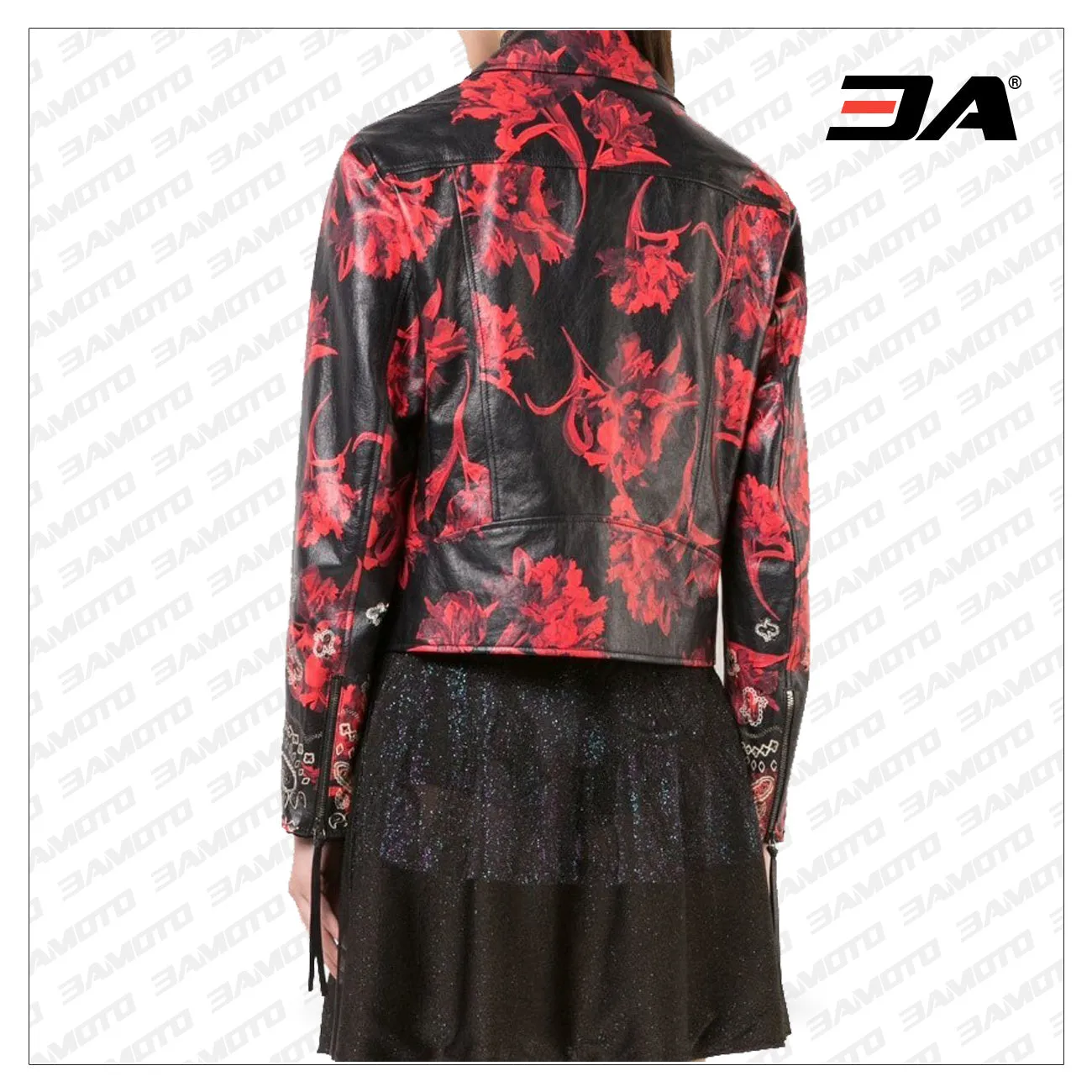 Women Floral Printed Leather Jacket