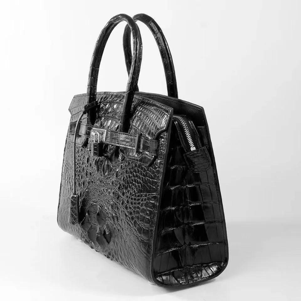 Women's Crocodile Leather Padlock Top Handle Handbags Black