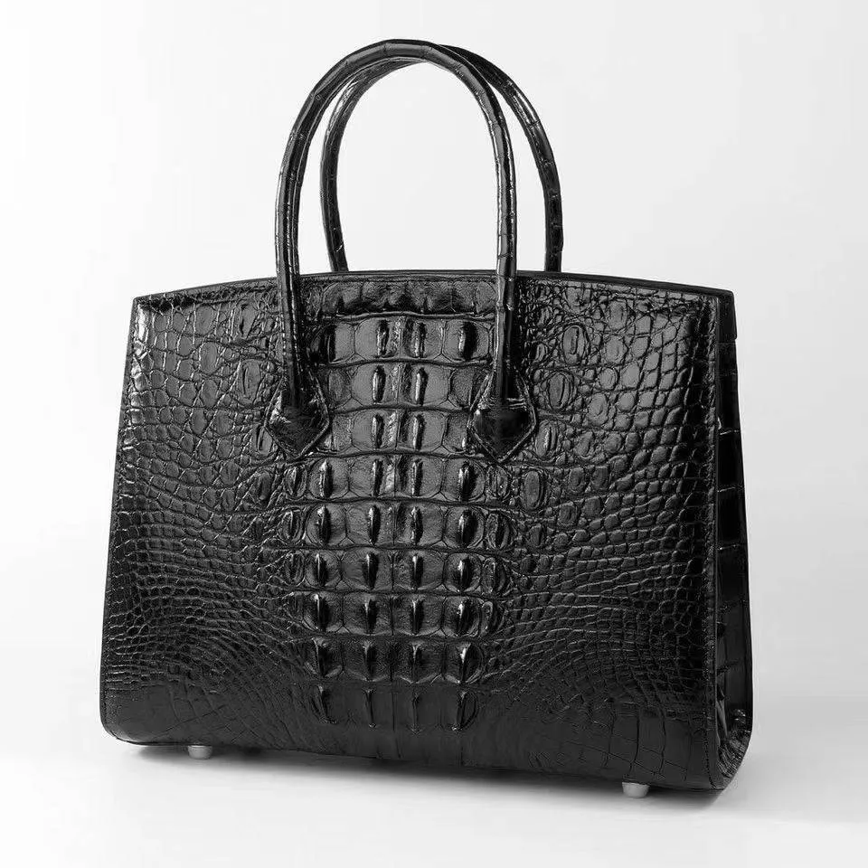 Women's Crocodile Leather Padlock Top Handle Handbags Black