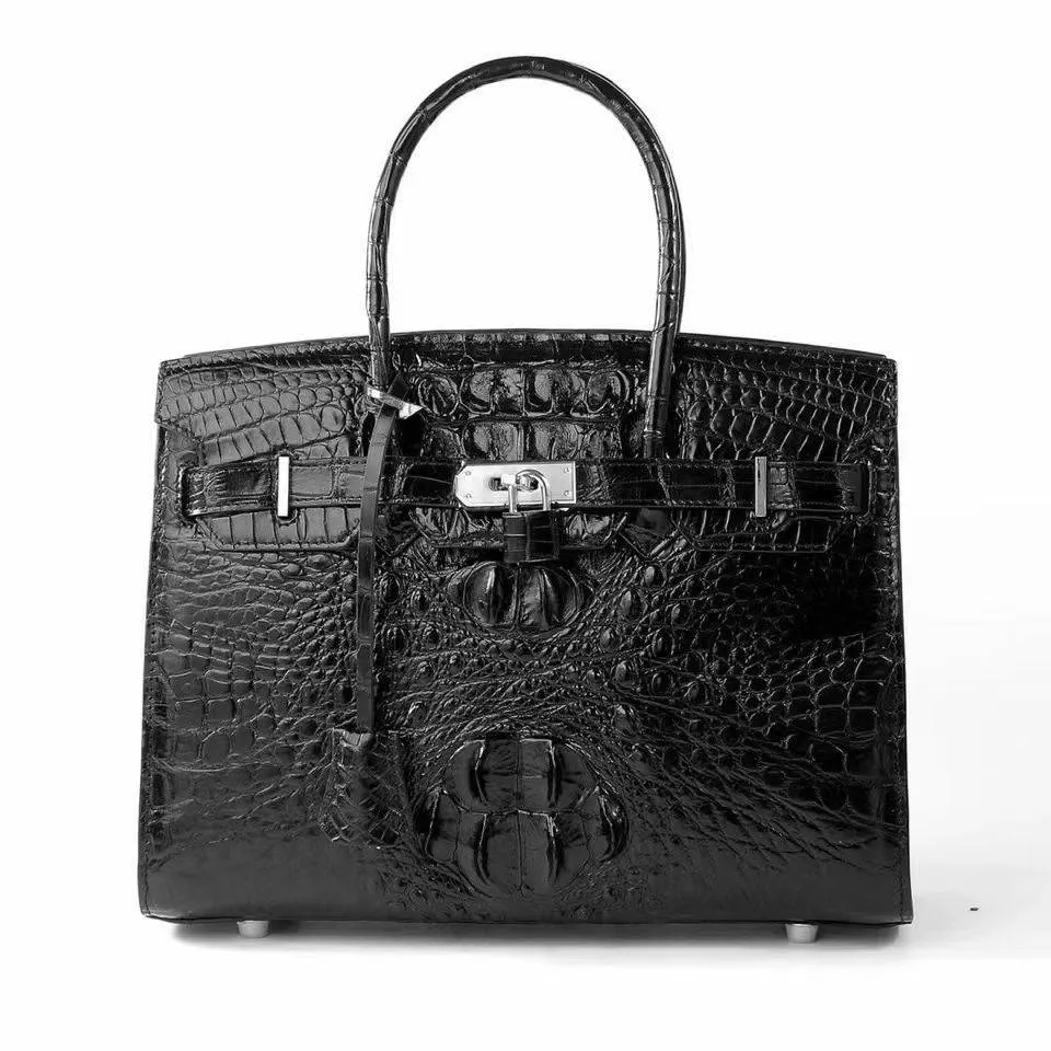 Women's Crocodile Leather Padlock Top Handle Handbags Black