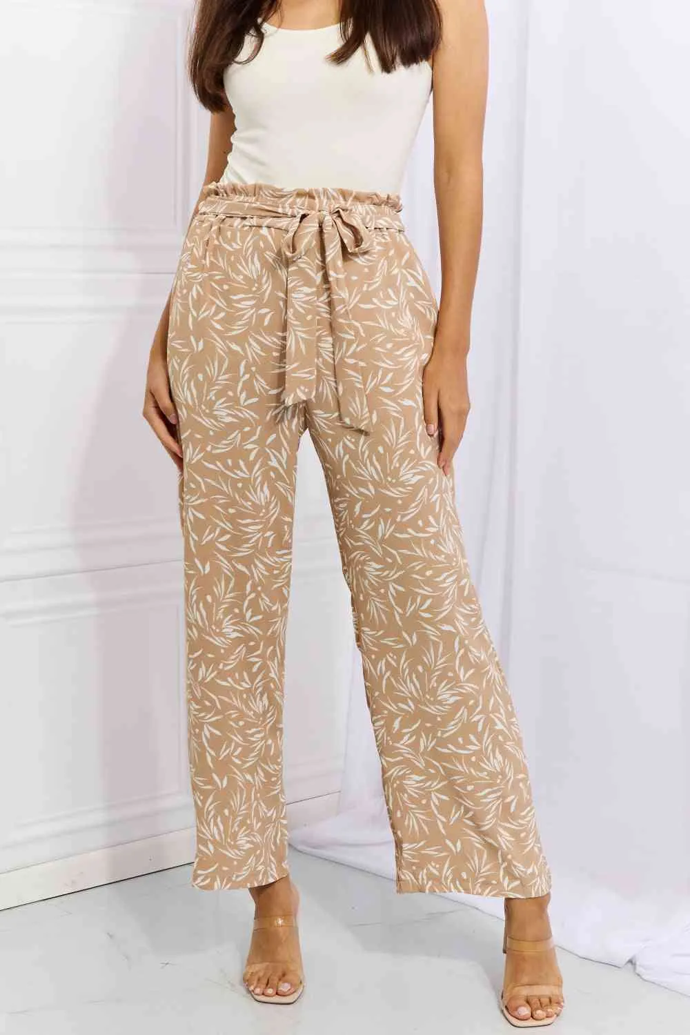 Women's Heimish Right Angle Full Size Geometric Printed Pants in Tan