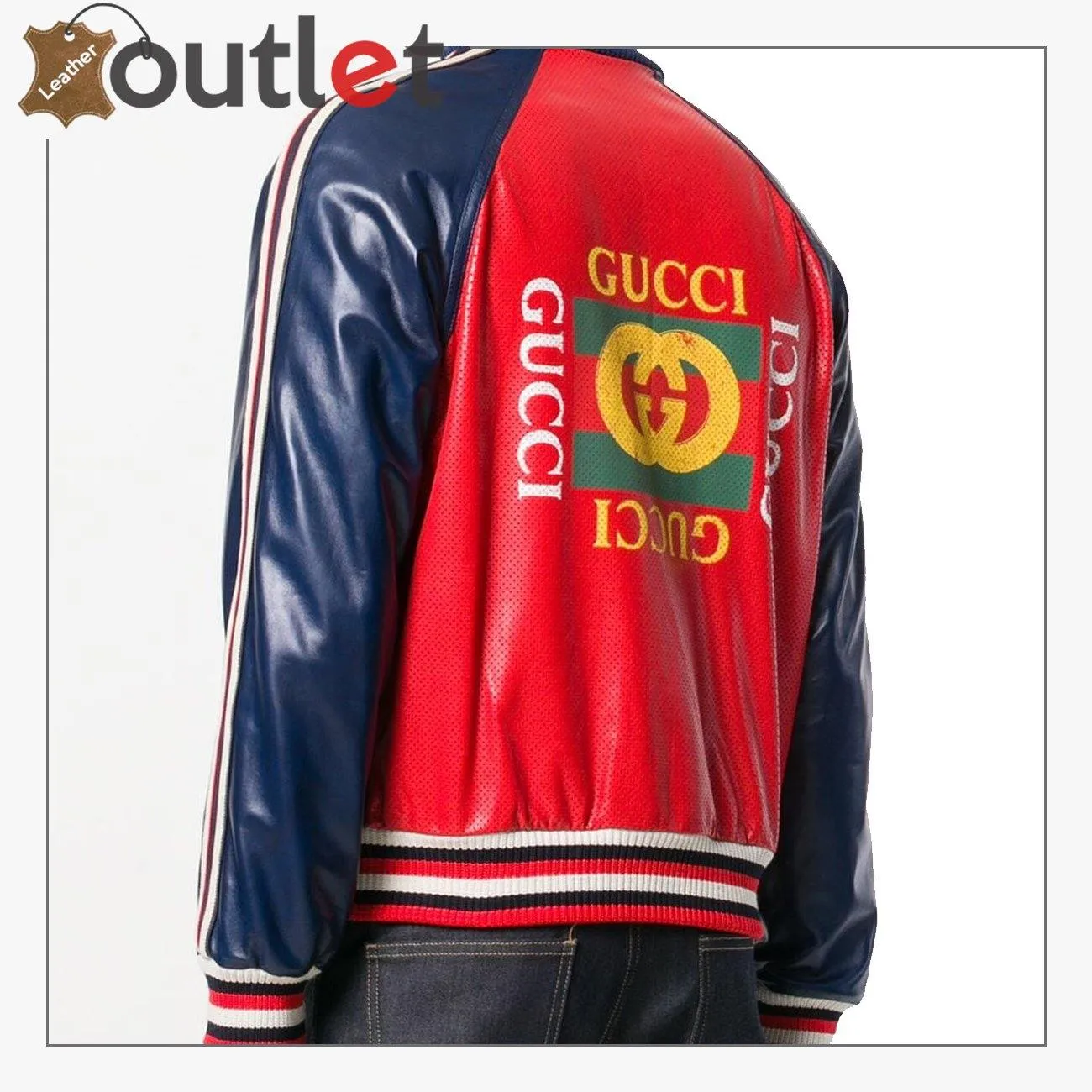 Womens Leather Bomber Jacket with Gucci Logo